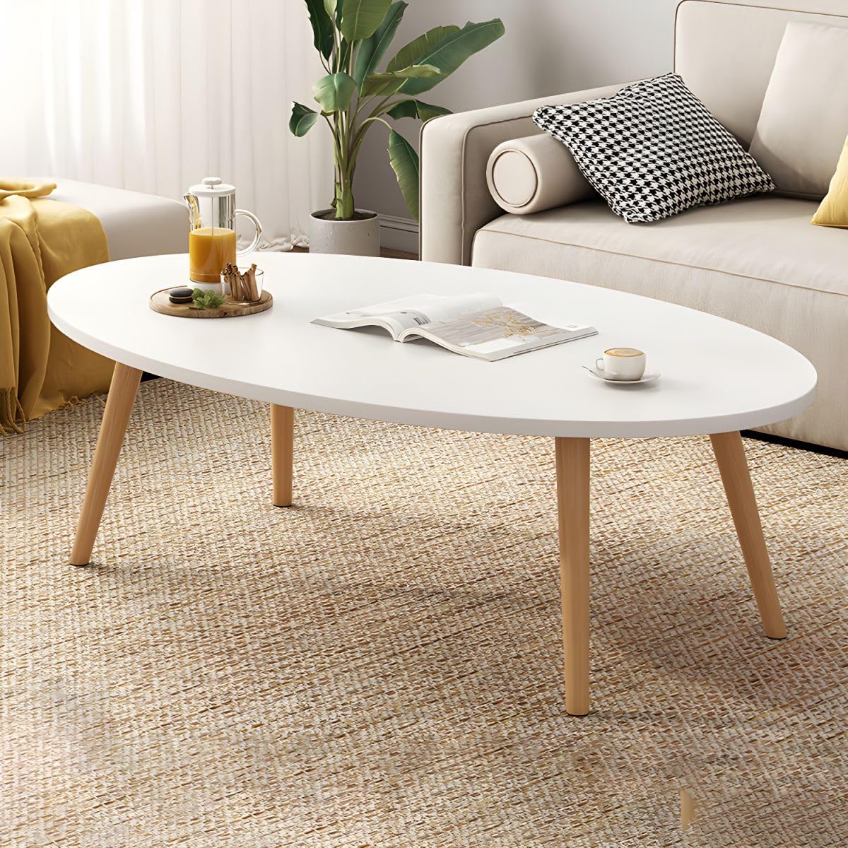 Table basse ovale en bois avec étagère de rangement pour salon