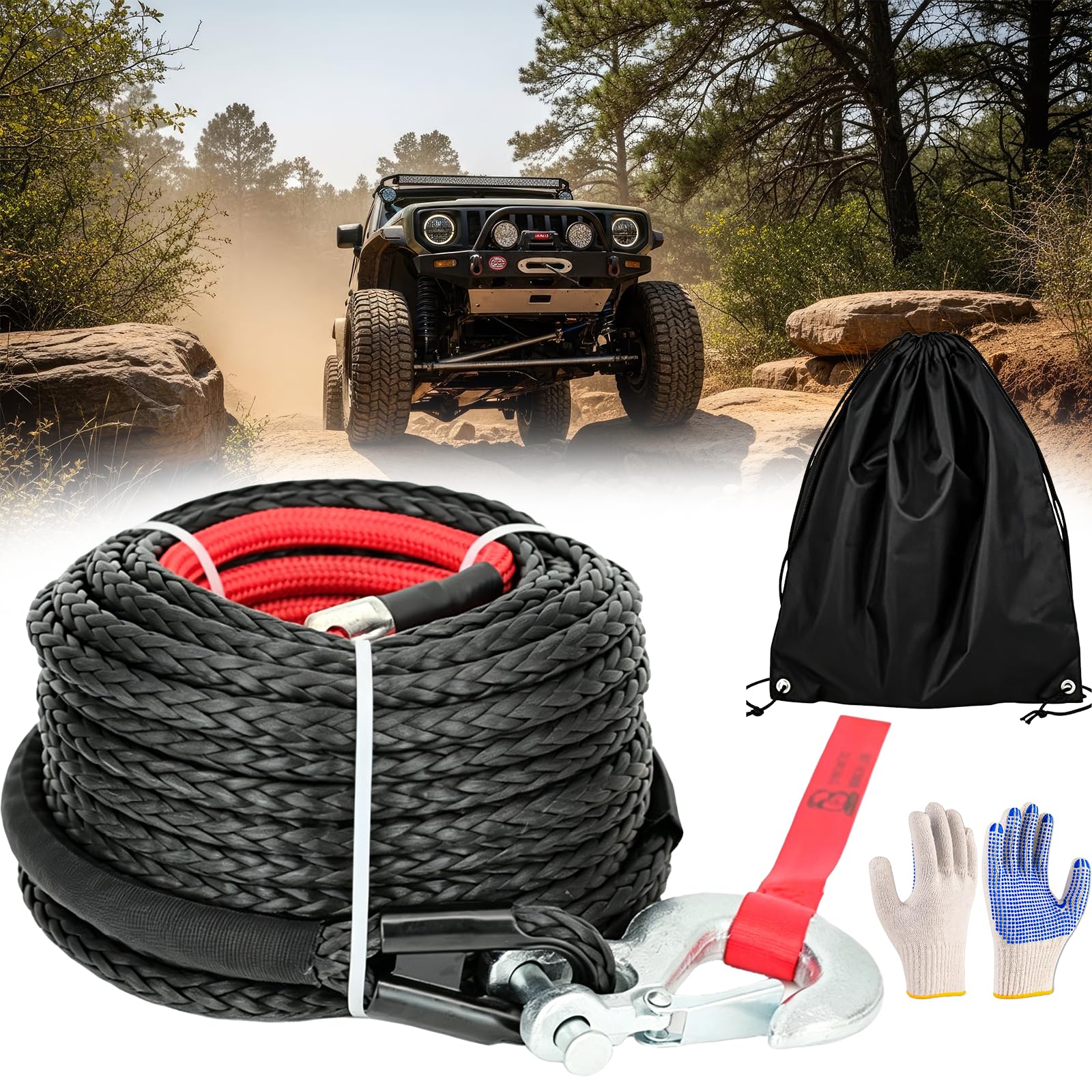 Abschleppseil Auto 8mm x 15m aus Nylon mit U-förmigen Haken | Abschleppseil PKW mit Tasche und Handschuhe, Berge Seil für SUV, Offroad und Notfälle