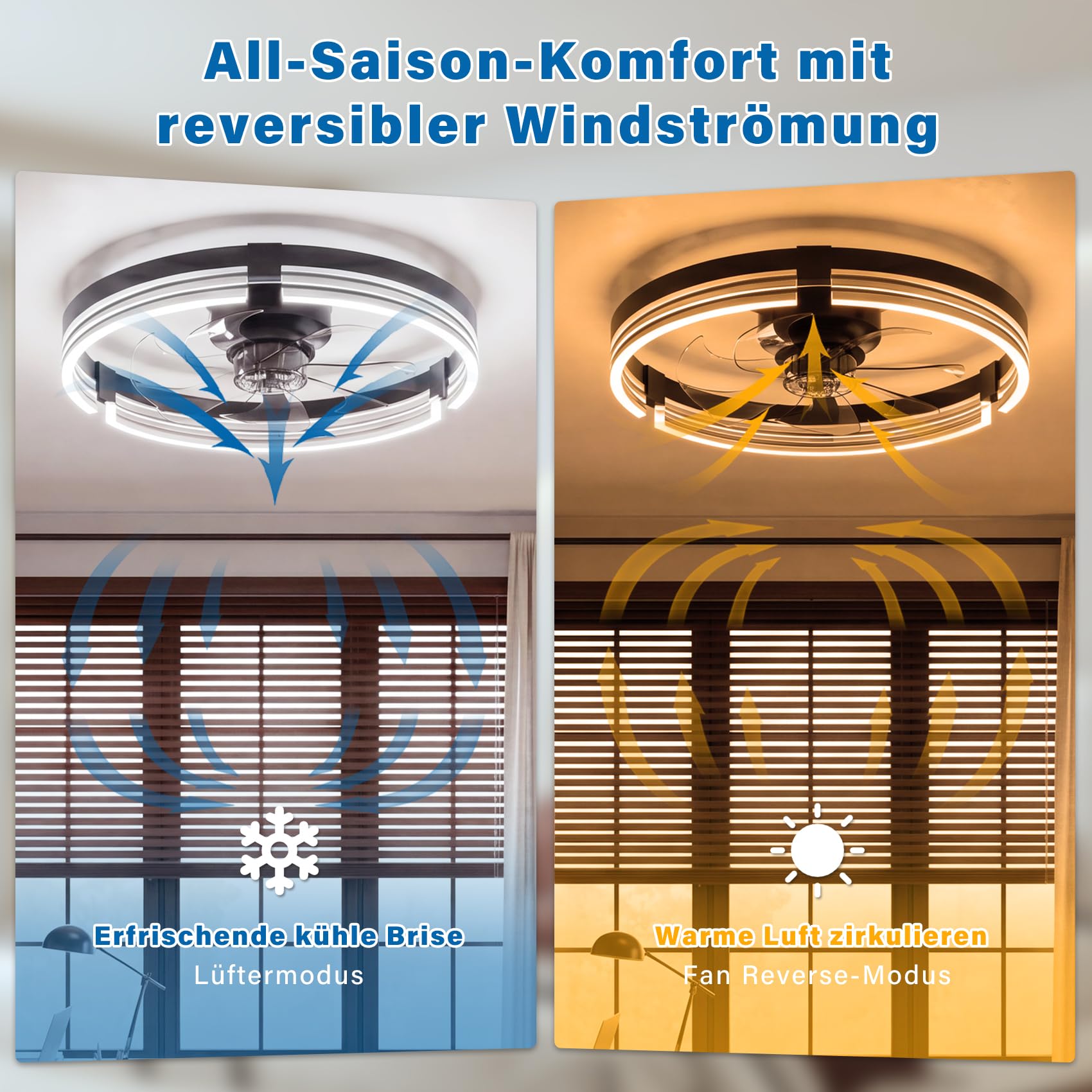 Moderner LED Deckenventilator mit Beleuchtung und Fernbedienung, 50cm, 6 Geschwindigkeiten dimmbar 3000-6500K, leise, Schwarz