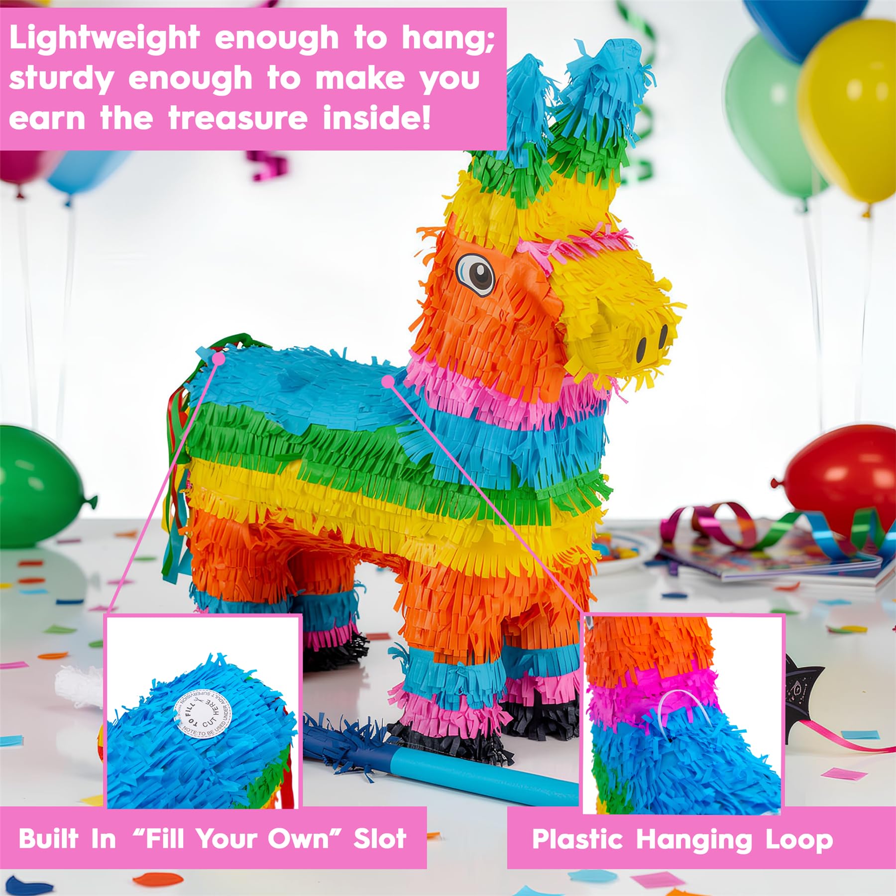 Fax Potato Donkey Cardboard Pinata, Stick et Bounked Roll Set - Remplissez Votre Propre décoration d'accessoires pour Enfants - W40cm x D13cm x H55cm