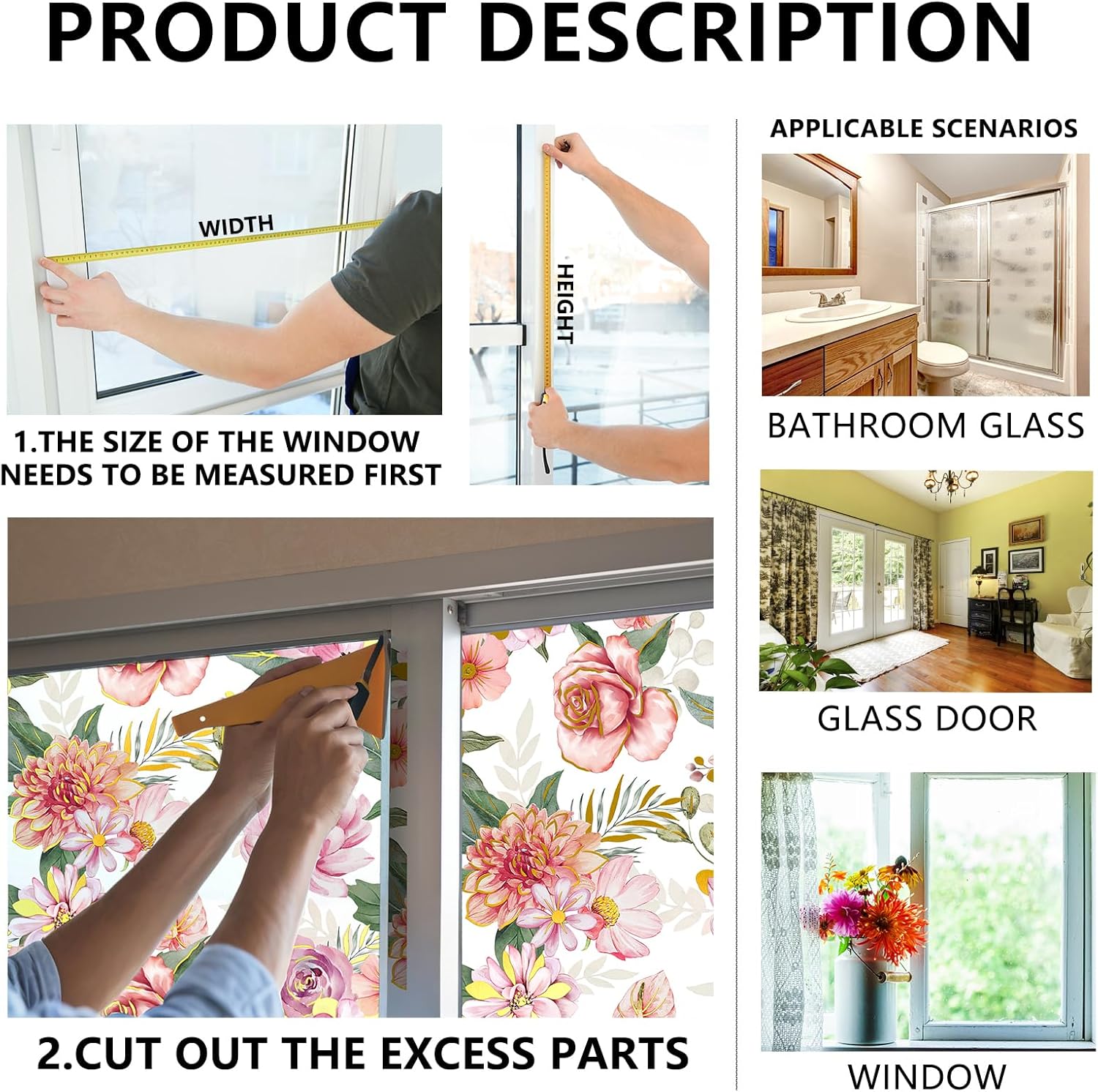 Pink Rose Stained Glass Privacy Window Decal -Window Films Floral Decor Static Cling Peel & Stick Removable Stickers for Door Living Room Bathroom Glass,31 cm x 121 cm