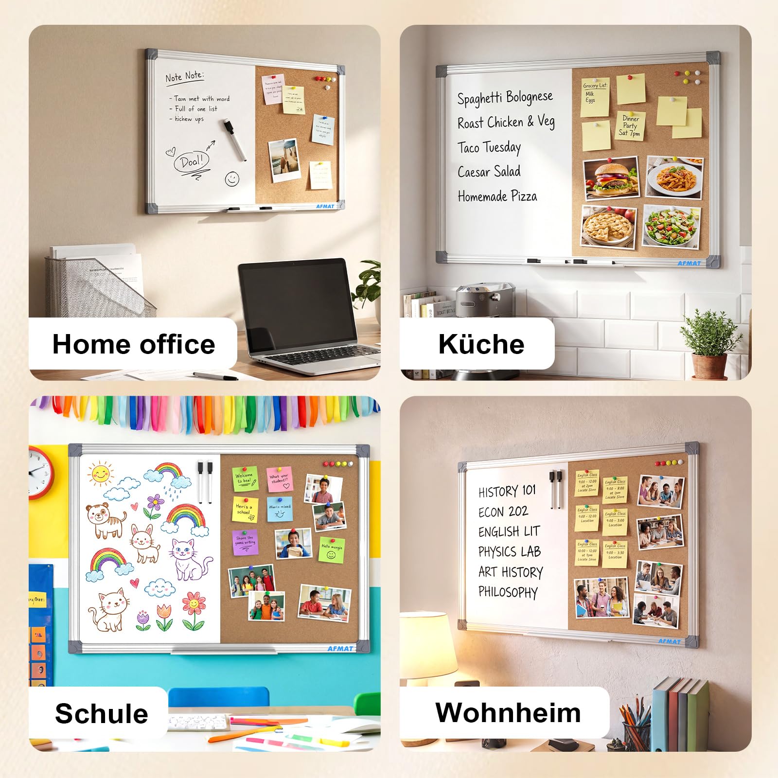 AFMAT Kombitafel Kork-Pinnwand Whiteboard Kombination 60x90 cm, Trocken Abwischbare Magnettafel und Korktafel,Magnetische,Magnettafel White Board Korktafel Kombination für Büro,Homeoffice,Schule,Küche