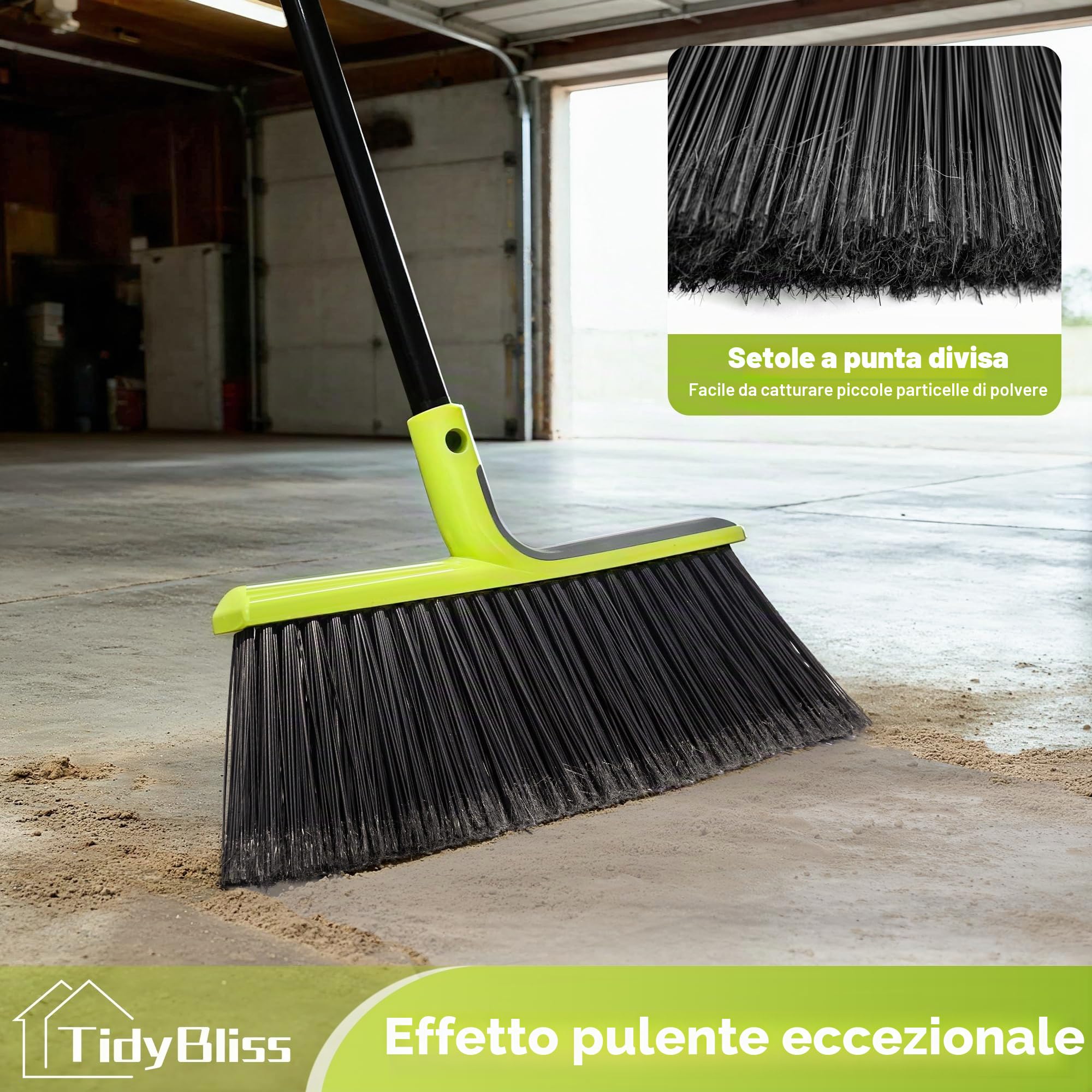 TidyBliss Scopa Esterno Impieghi Gravosi, Spazzola Angolare Commerciale Setole Morbide 143 cm per spazzare all'esterno Patio Giardino Terrazza Ristorante Garage Ingresso Pavimenti in Legno (Verde)