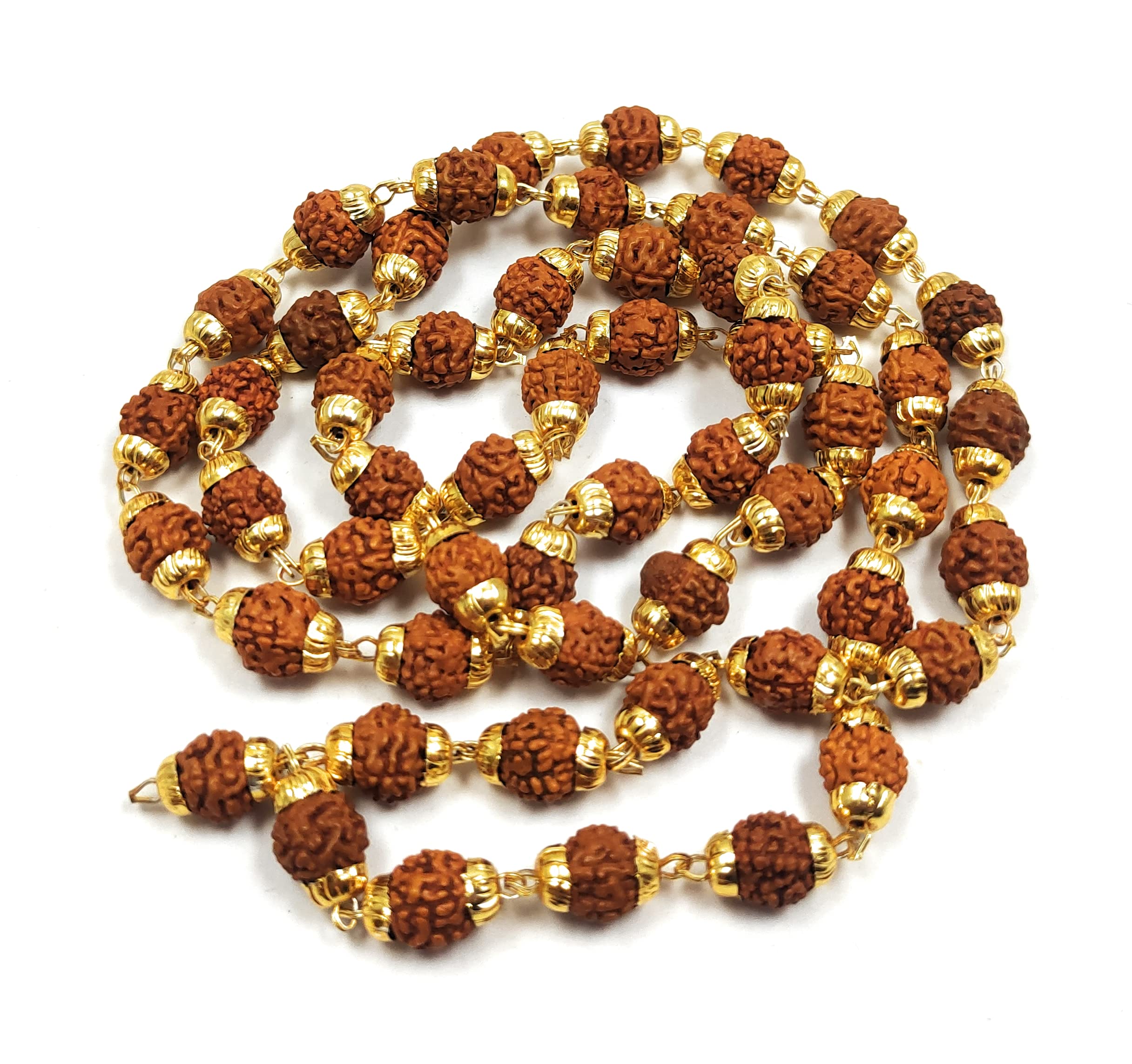 rocksmins Natural Original 5 Panch Mukhi Rudraksha Jaap Mala Yellow Gold Polished Brass Cap 8 mm 54+1 Beads for Pooja Astrology Wearing in Neck/Holding for Men Women Boys Girls Meditation Protection (B0BRWTC7GJ) Amazon Price History, Amazon Price Tracker