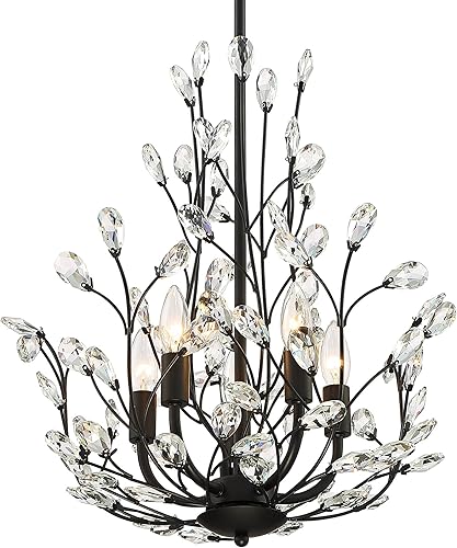 Miniatura 3 de Regency Hill Aurine - Lámpara colgante negra mate de 18 pulgadas de ancho, moderna hoja de cristal transparente, 5 lámparas para comedor, sala de