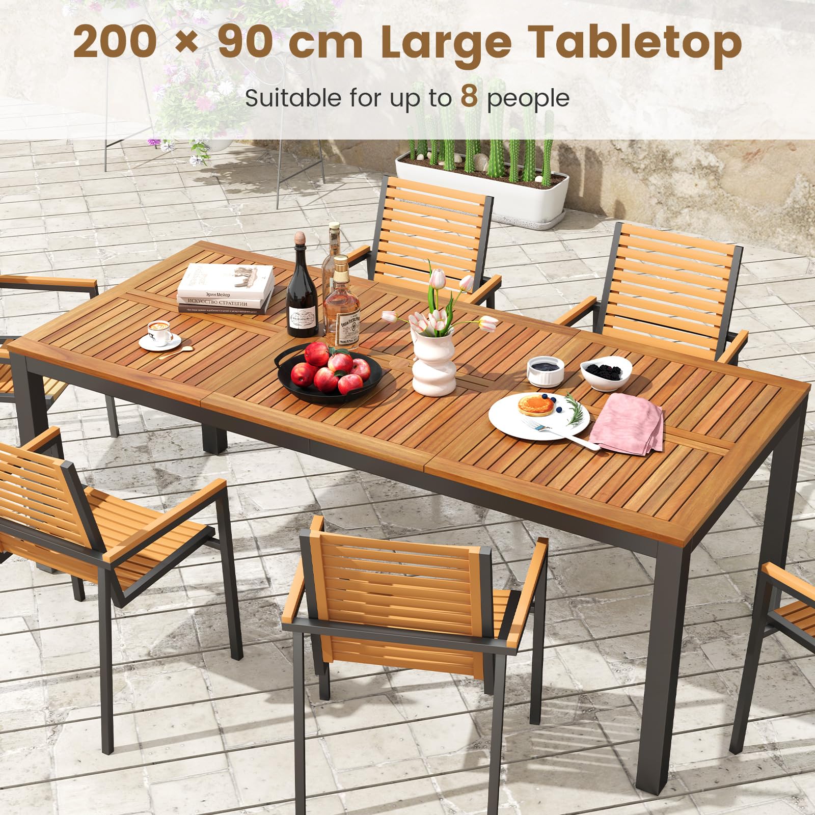 GOPLUS Stół ogrodowy z drewna akacjowego, 200 x 90 cm, stół tarasowy, odporny na warunki atmosferyczne, z otworem na parasol 5 cm, prostokątny, dla 8 osób, do ogrodu, na taras, podwórko (model A)