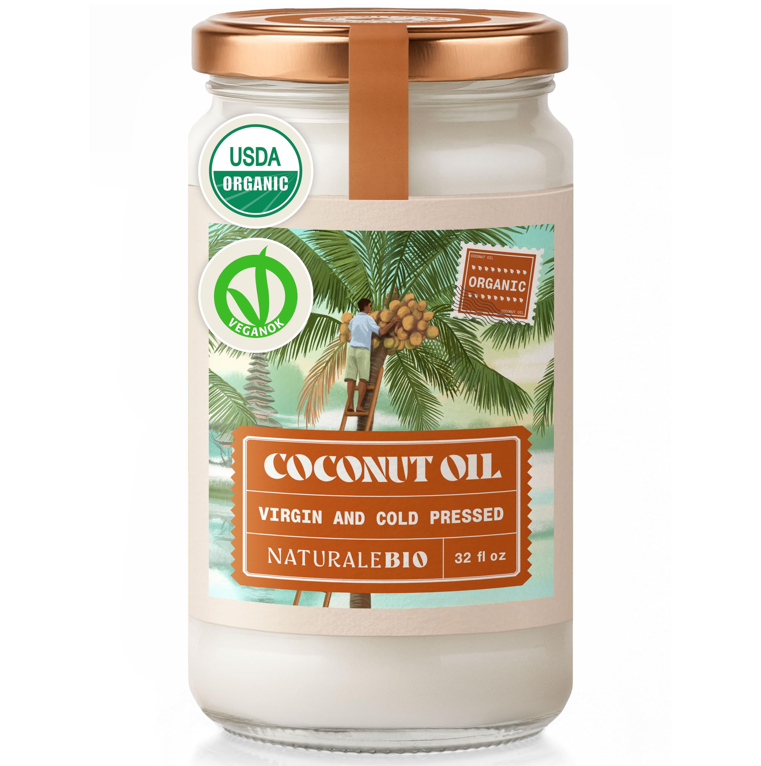 Organic Virgin Coconut Oil 32 fl oz Raw Cold Pressed for Skin, Hair, Moisturizer, Massage, Body, Hand, Cream, Vegan Butter Alternative, Ideal Lotion, Perfect Care