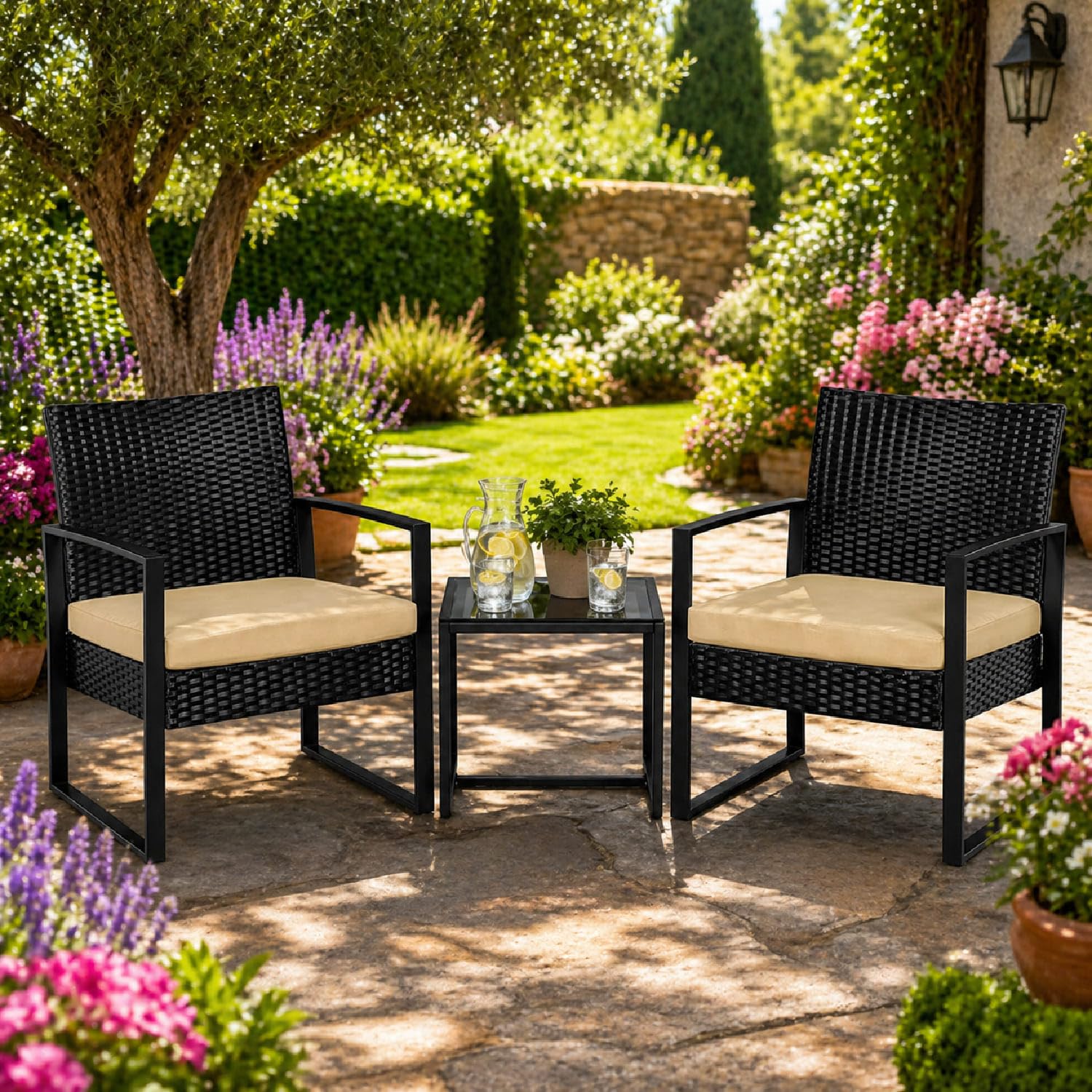 Set Arredo Da Giardino 2 Poltroncine Con Tavolino Ideale Per Esterno Balcone Terrazzo Patio Sedie Con Cuscini Beige Polyrattan E Metallo Design Moderno 57.5 x 63 x 76 Cm Nero