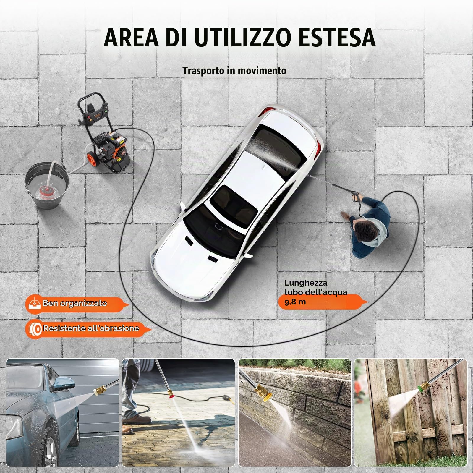 VEVOR Idropulitrice a Gas 277,71 kgf/cm² 10 L/min Idropulitrice a Gas con Pompa in Rame, Prolunga, Set da 5 Ugelli, Idropulitrice ad Alta Pressione per Auto, Recinzioni, Vialetti, Cortili, Verticale
