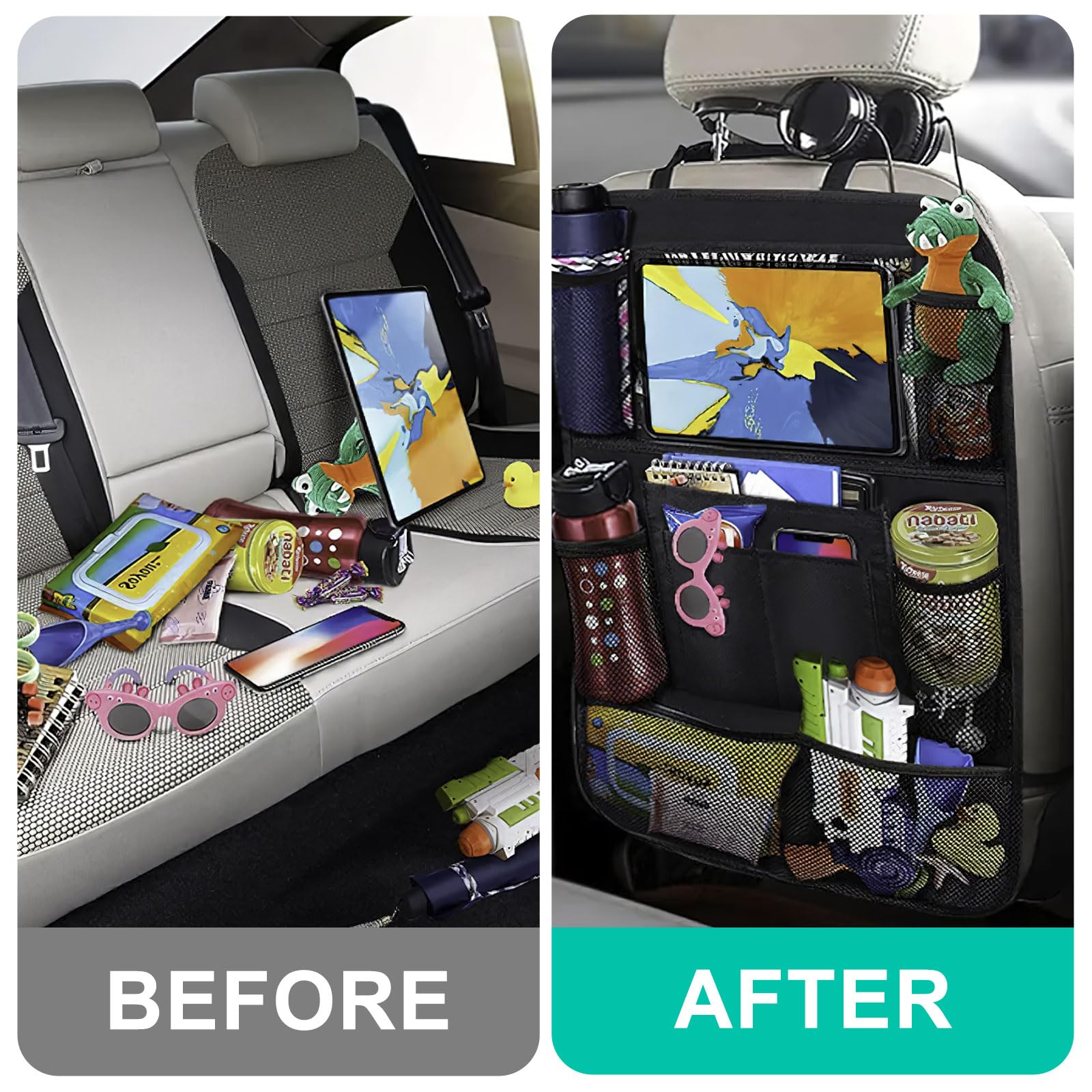 Organizer Per Sedile Auto Bambini - 2 Pezzi Nero, Protezione E Portaoggetti Per Sedile Posteriore - Foto 8