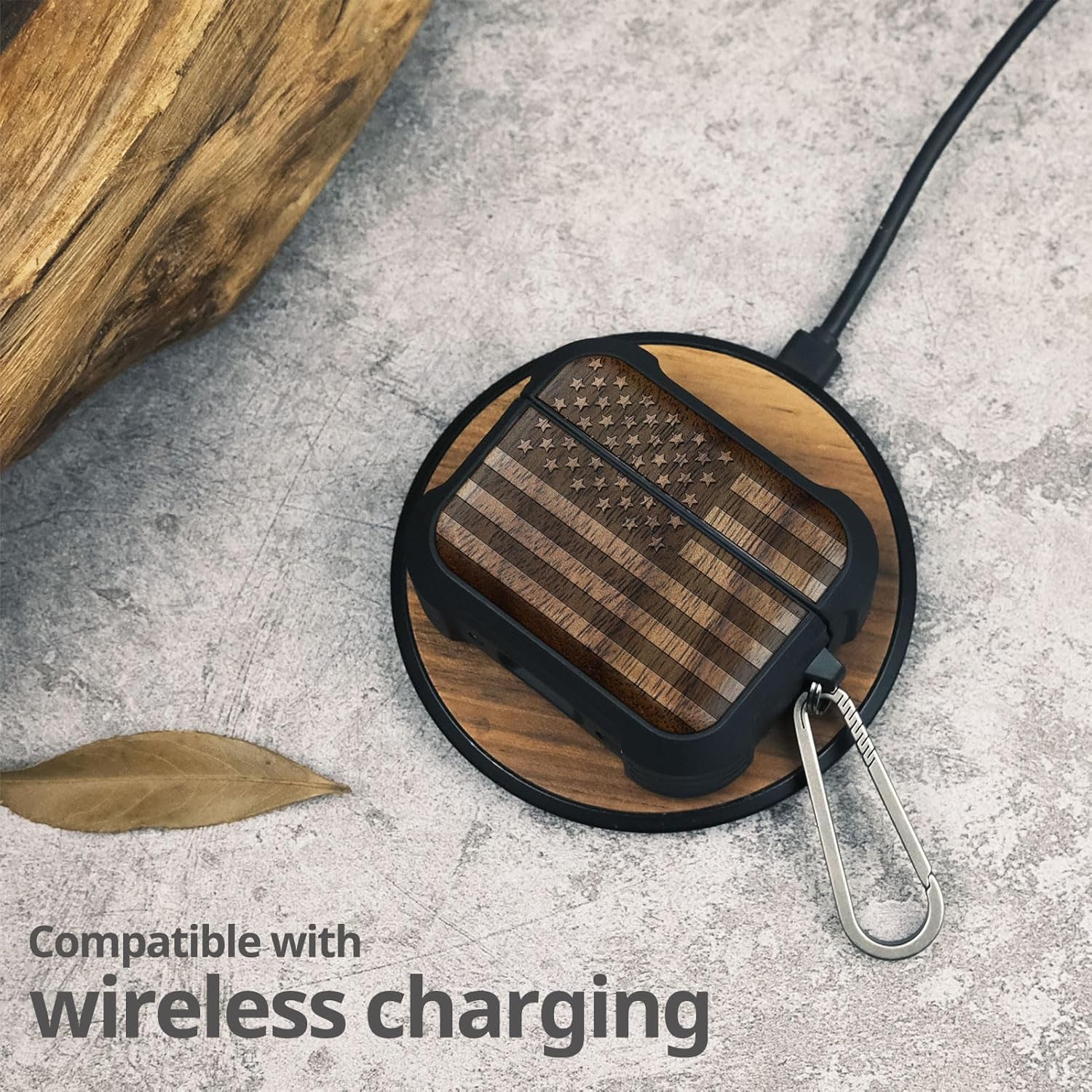 Carveit Wooden Case for AirPods Pro 3 Case (2025), Wood Artisan Engraved & TPU Shockproof Cover, Titanium Quick Released Clasp, Wireless Chargers Compatible (American Flag) Walnut