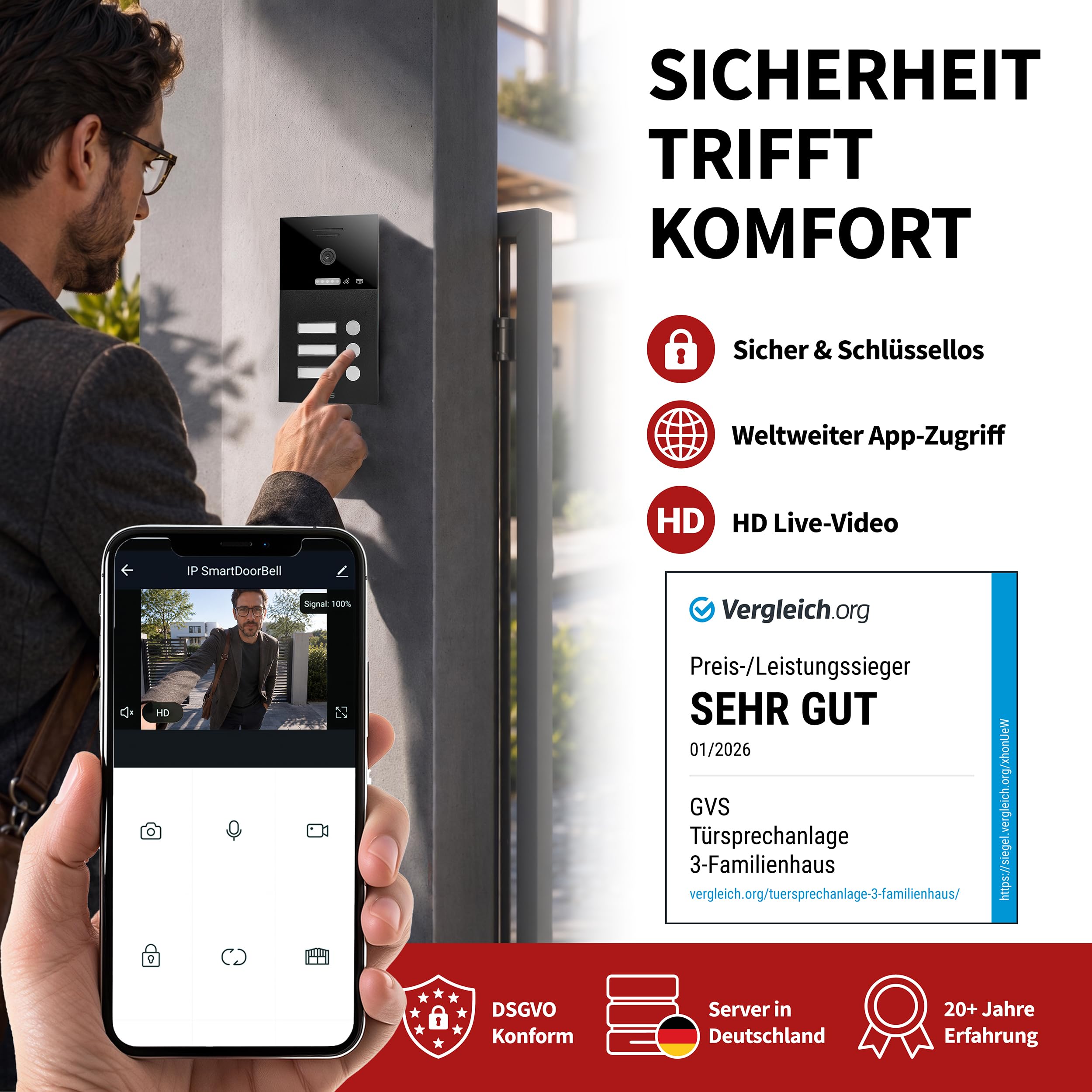 GVS - IP Video Türsprechanlage 3 Familienhaus mit Türöffner, HD Kamera, 3X 7 Zoll Monitor & App - Smarte Video Türklingel mit Kamera & Gegensprechanlage (AVS1291U)