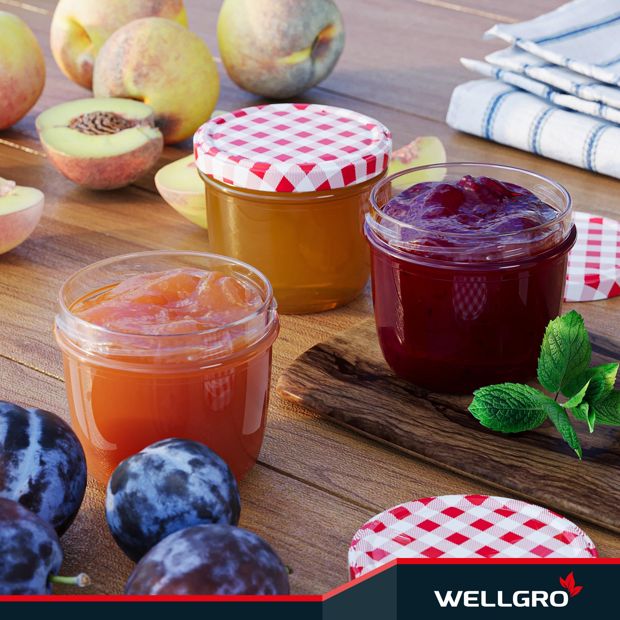 WELLGRO 50x Einmachgläser 230ml – Schraubdeckel TO82 rot kariert – Made in Germany – Vorratsgläser, Marmeladengläser, Aufbewahrungsgläser & Gärgläser