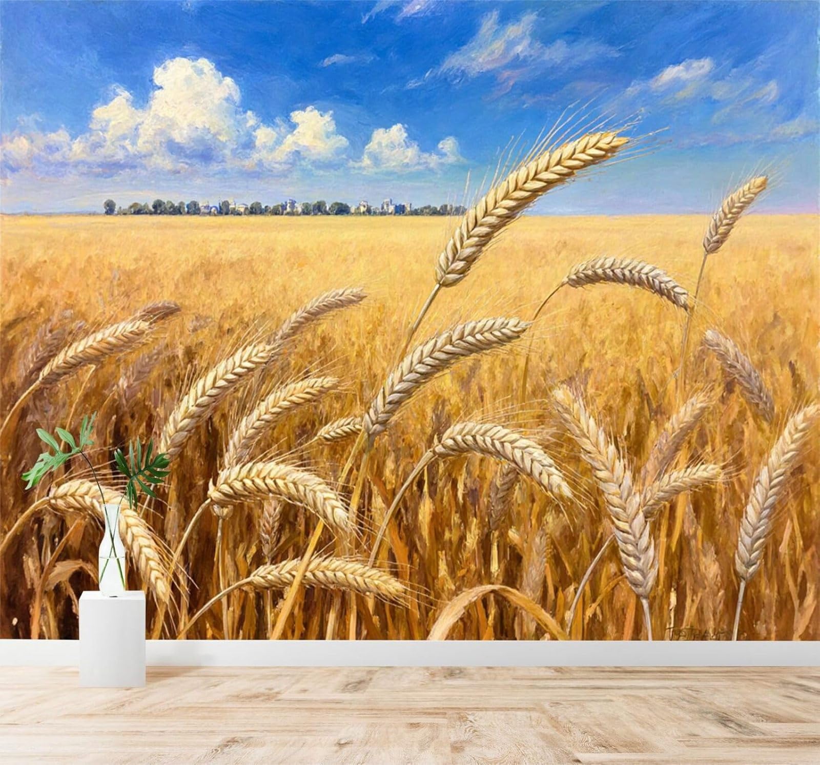 XLMING Three Dimensional Golden Wheat Field Blue Sky White Clouds Landscape 3D Wallpaper Premium Textured Silk Study Dining Living Room Bedroom Sofa TV Wall Easy Install-430cm×300cm