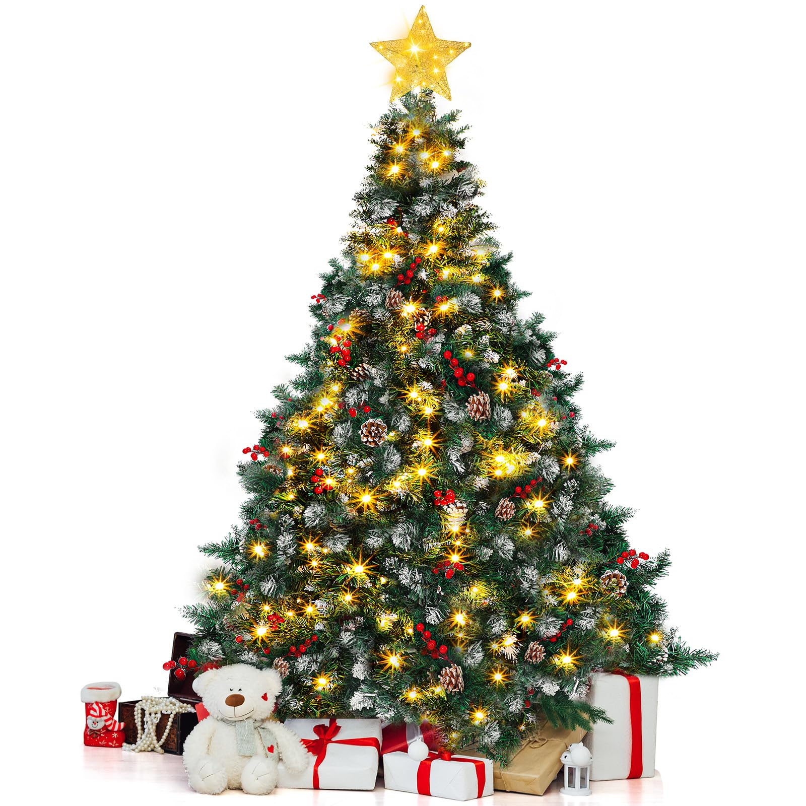 Shappy 7 ft Pre Lit Partially Snow Flocked Artificial Christmas Tree with Gold Glittered Star Tree Pre Decorated Christmas Tree Berry Pine Cones with 300 Warm Color LED, 1150 Branch Tips
