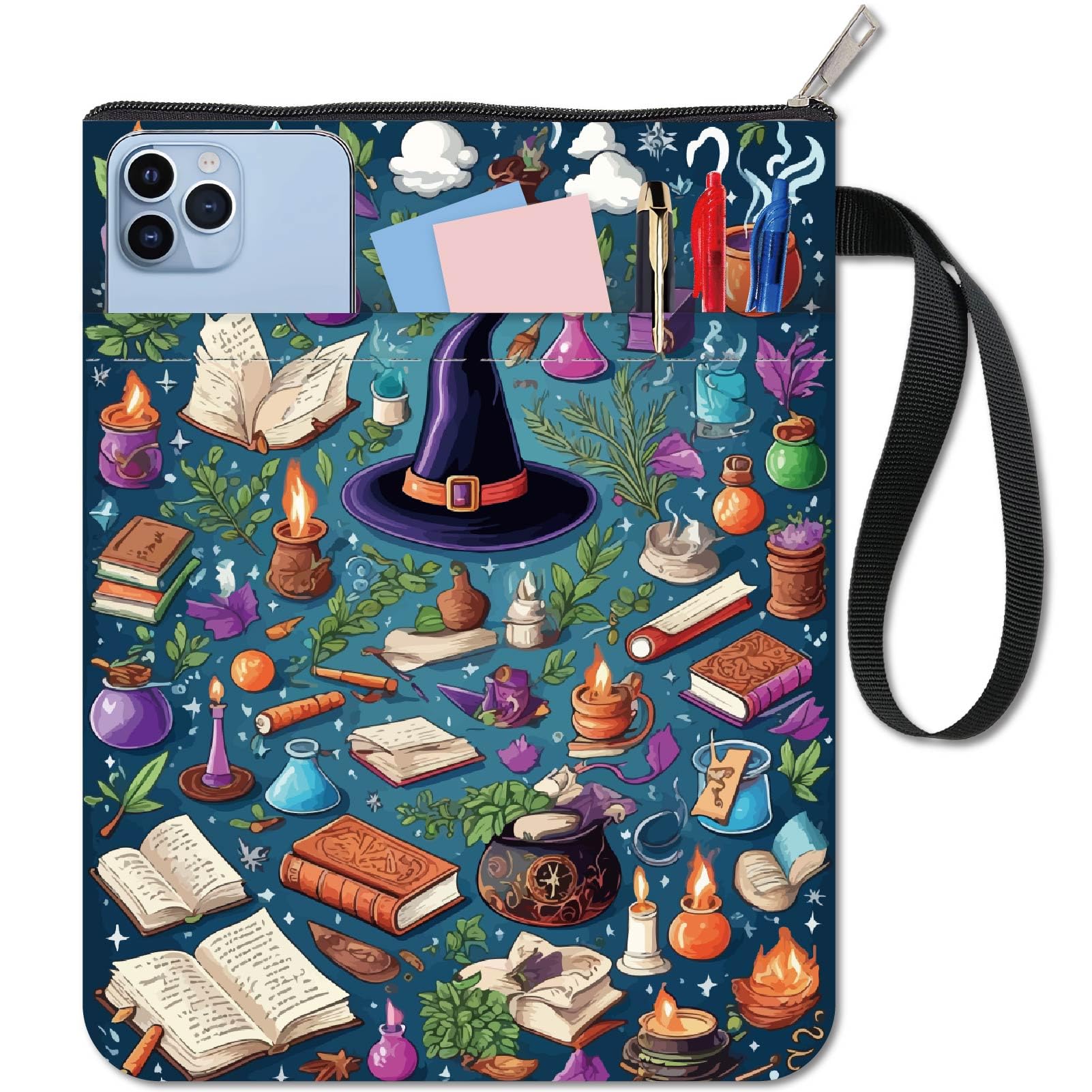 CRASPIRE 11x8.6In Cloth Book Cover Witch Hat Magic Sea Plant Fabric Sleeve Pocket Washable Reusable Double Sided Notebook Wraps Paperback Protector Bag Zipper for Book Lovers Bookworm