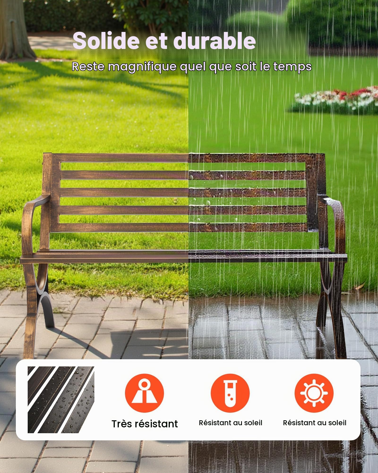 VEVOR Banc de Jardin, 127 cm, Banquette d'extérieur en Acier Carbone avec Dossier à Lattes et accoudoirs à Bords arrondis, Banc extérieur résistant aux intempéries pour terrasse, Parc, Bronze Antique