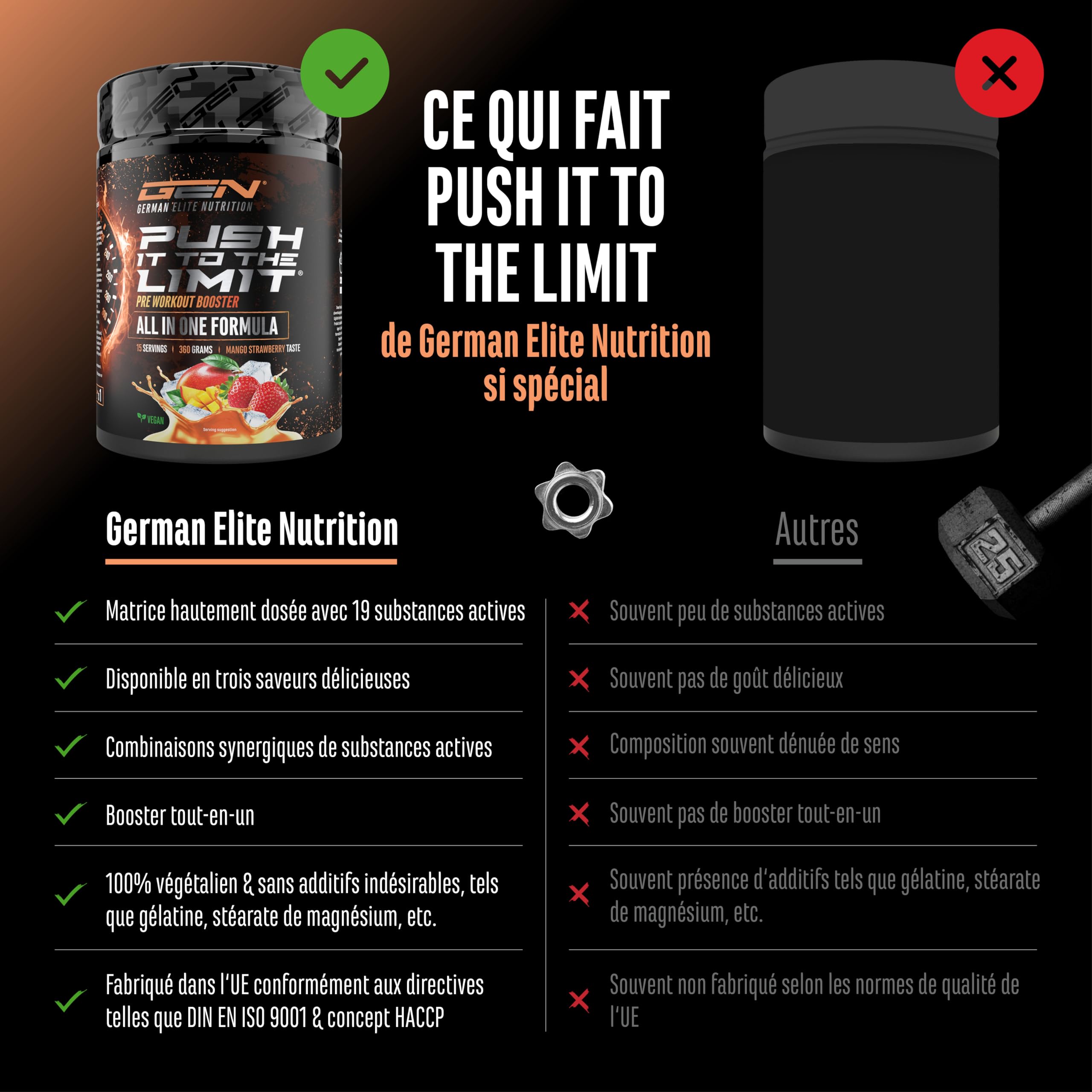 Push it to the Limit - Pré-Entraînement avec L-Arginine + Citrulline + L-Tyrosine + L-Théanine + L-Carnitine + AAKG + Taurine + Rhodiola Rosea + Caféine - Hautement Dosé - 360 g - Mangue Fraise