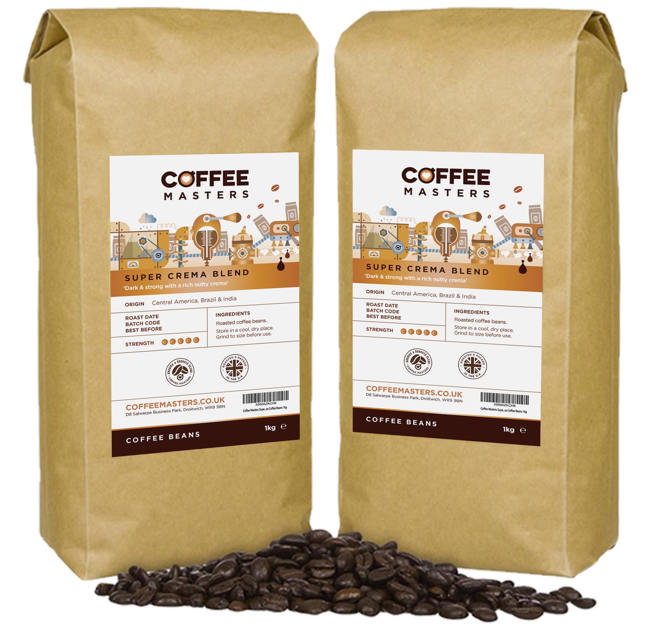 Coffee Masters Super Crema Espresso Coffee Beans 2kg (2x1kg) - Intensely Strong Dark Roasted Blend of Arabica and Robusta Whole Bean - Ideal for Barista Machines