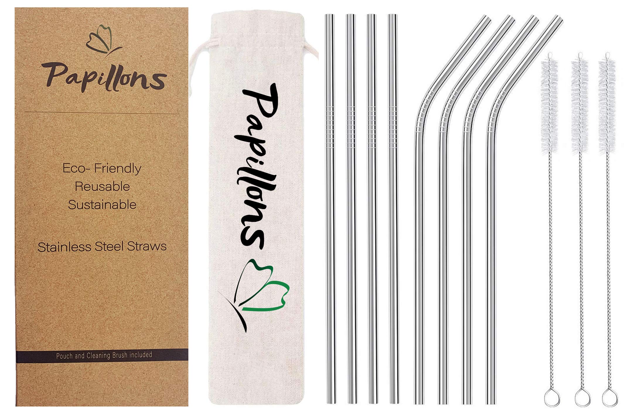 Papillons Metal Straws Stainless Steel Reusable Straws 8.5" Drinking Straws Set of 8 Silver Regular size Comes with a Case and Cleaning Brush for 20/30 Oz for Yeti Tumblers Cups Glass Bottles · 4 Straight · 4 Curved · 3 Cleaning Brushes · 1 Case - Silver