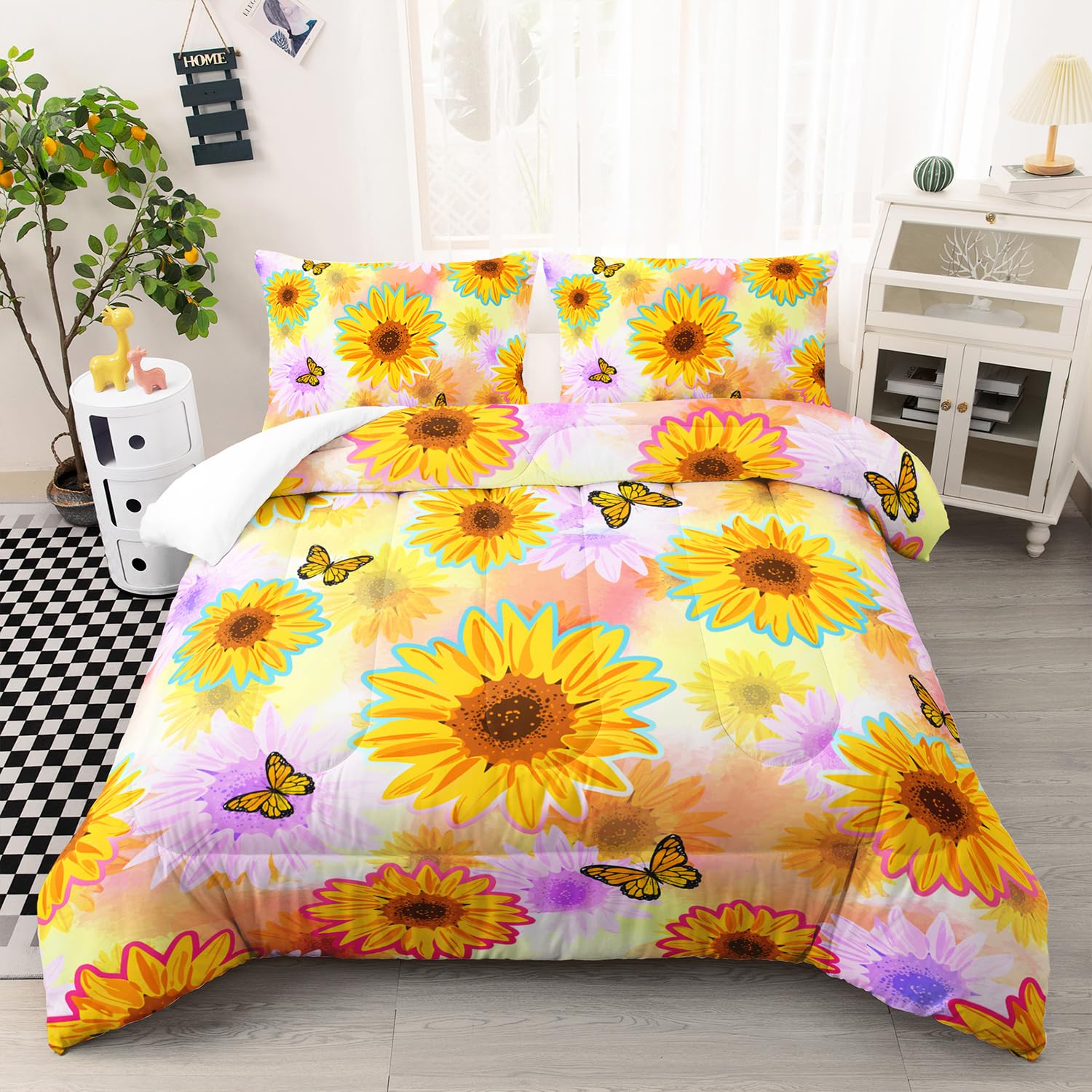 XYNHML Sunflower Flying Butterfly Comforter Twin Size Yellow Tie Dye Bedding Butterfly Quilt Bed Set for Girl Boy Adult with 2 Pillowcases