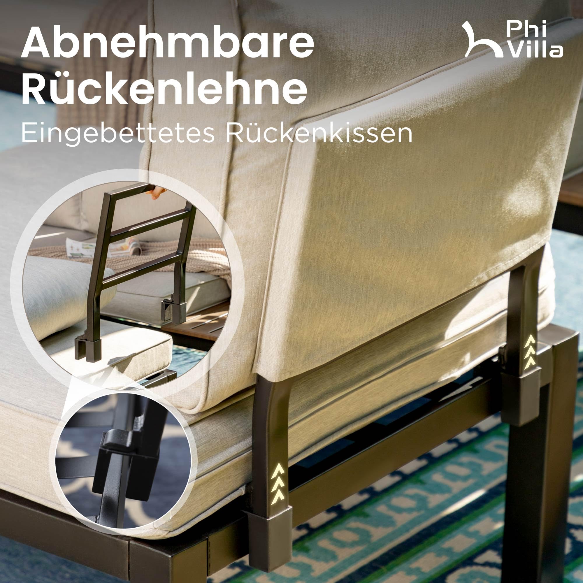 PHI VILLA Gartenmöbel Balkonmöbel Set 6 Teilig, Metall Lounge Möbel Outdoor Gartenlounge Set 6-Sitzer, Terrassenmöbel Modulare Möbel mit Verstärkten Kissen und Kaffeetisch, Beige