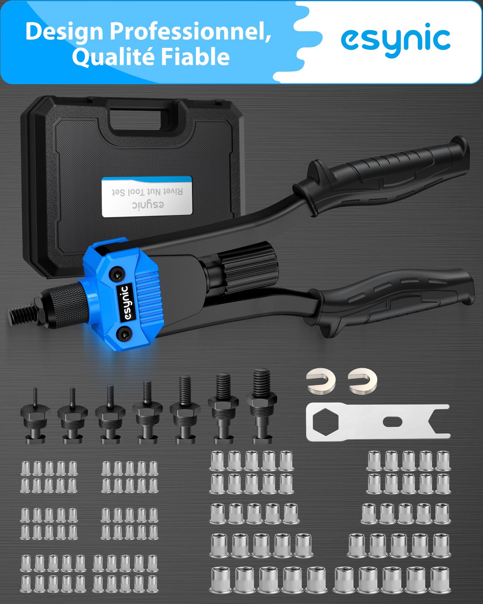 eSynic 13" Pince à Insert Fileté avec 7 Mandrins M3 M4 M5 M6 M8 M10 M12 avec 110 Écrous Pince à Riveter Riveteuse Poignée Antidérapante Remplacement Aisé Pince à Rivet Insert avec Tui de Transport