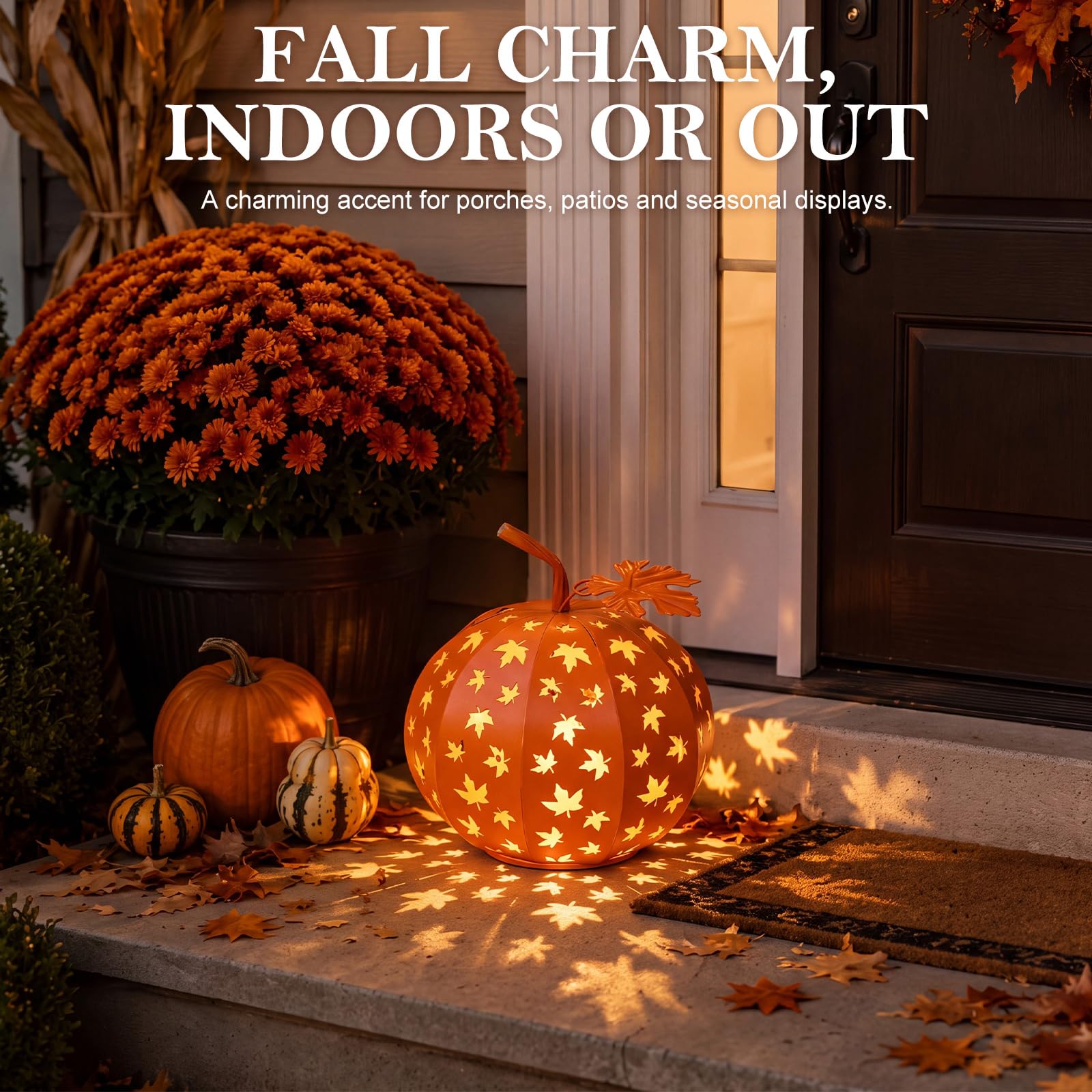 Fumete Lanterna in metallo a forma di zucca di Halloween con luce a LED, scatola batteria impermeabile con foglie d'acero cave, centrotavola autunnale per interni ed esterni, decorazione da giardino e