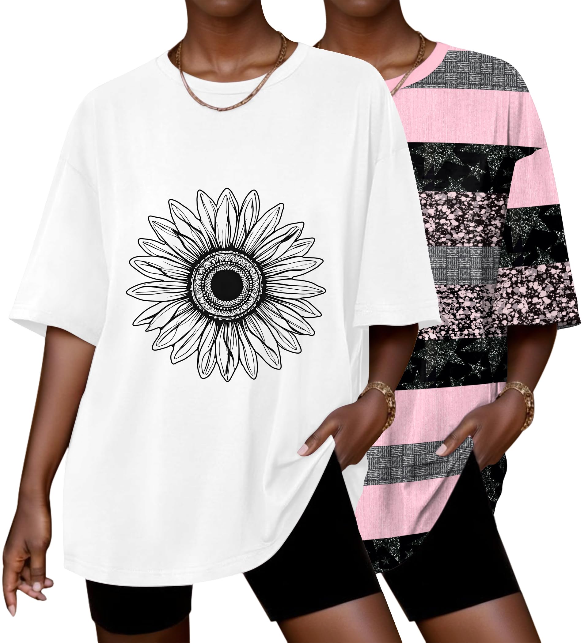 Ekouaer 2 Pack Womens Tops Short Sleeve Oversized T Shirts Casual Clothes
