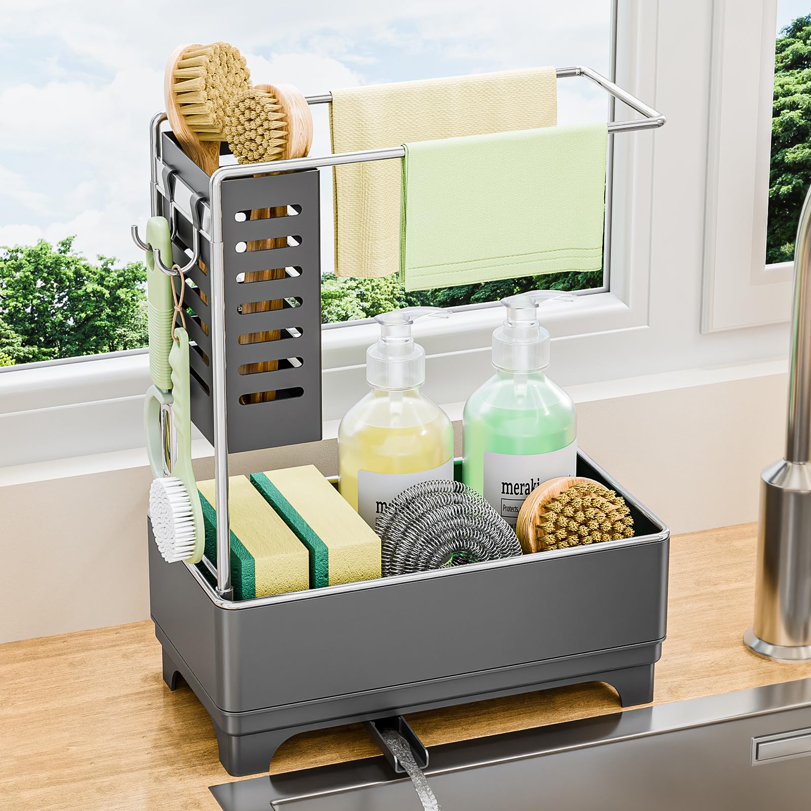 Kitchen Sink Caddy with Stainless Steel Towel Holder Handy Sponge Holder for Kitchen Sink with Extending Drain Spout