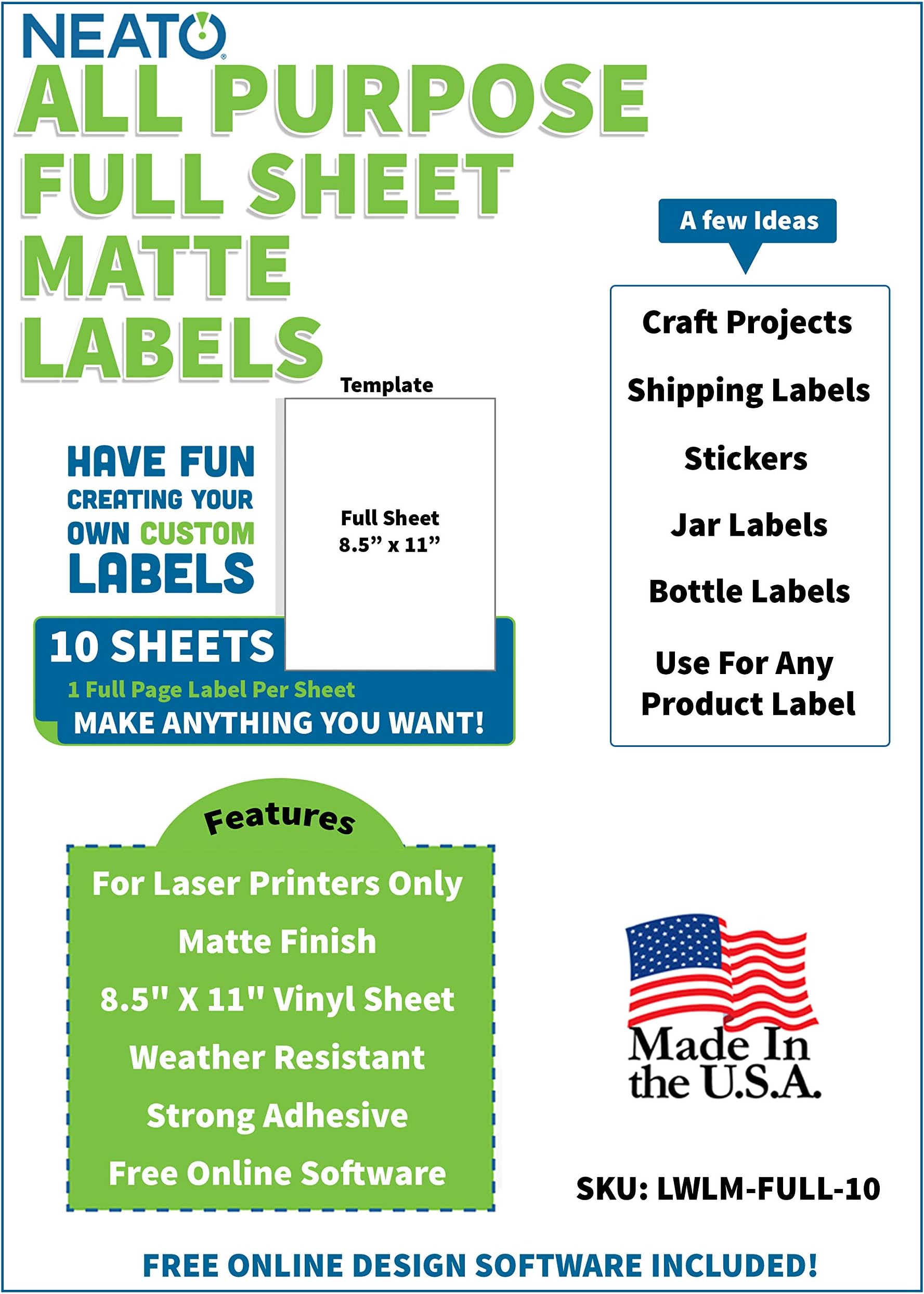 Blank Custom Label Sheets (8.5" x 11") - Weather Resistant Vinyl Label Stickers for Laser Printers - Customizable Labels for Shipping, Address, Products, Bottles, Jars, Packaging - Pack of 10