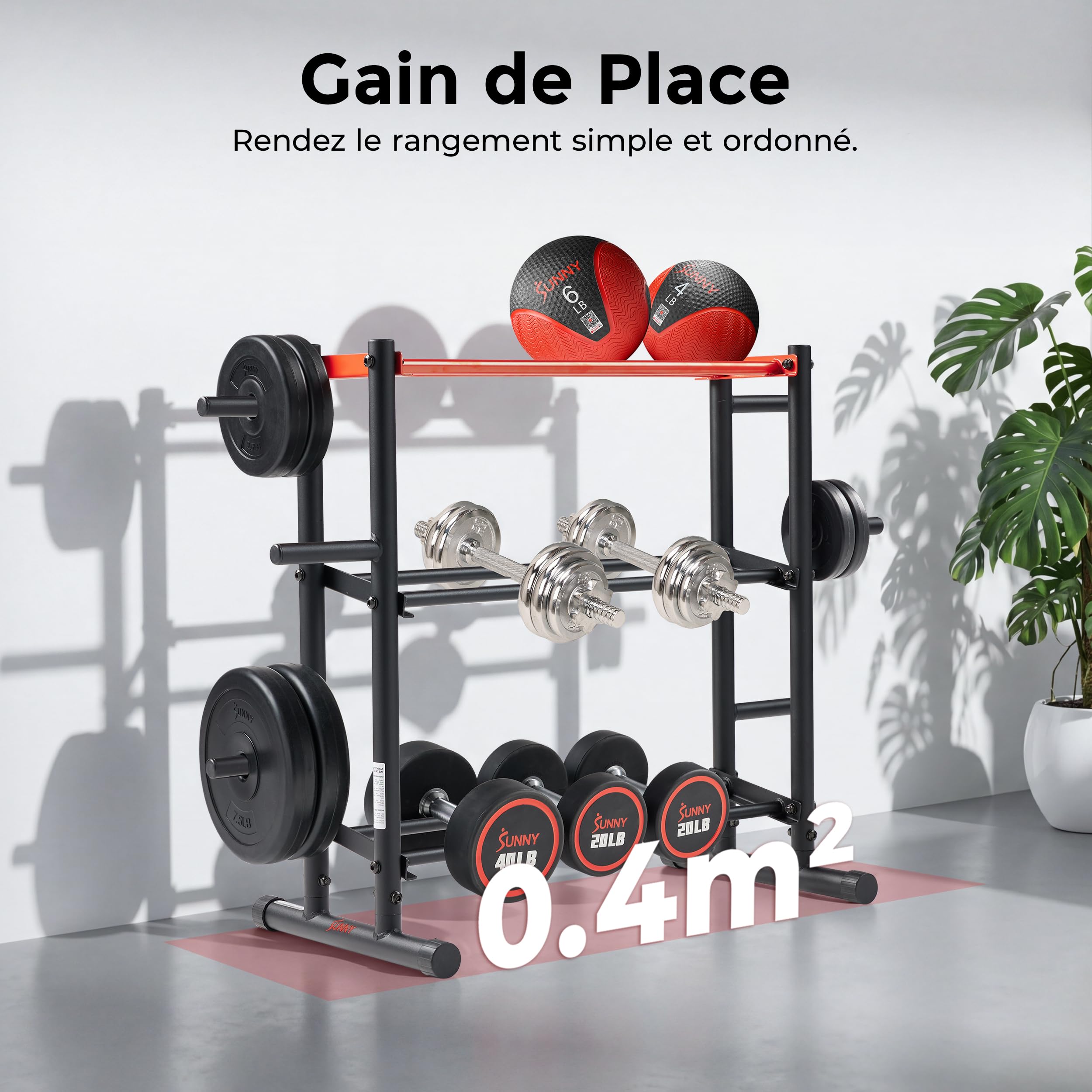 Sunny Health & Fitness Support de rangement multi-poids pour haltères, kettlebells, plaques de poids olympiques, haltères et ballon de médecine, support d'entraînement en métal robuste pour salle de