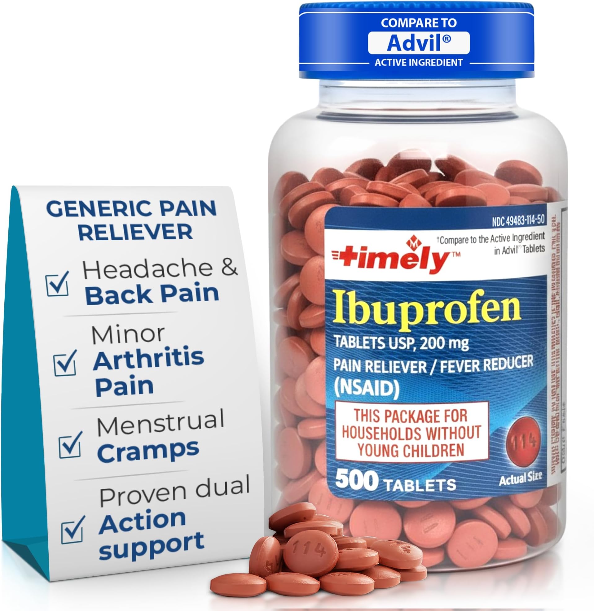 TIME-Cap Labs 500 Tablets Ibuprofen 200mg Coated - Pain Reliever & Fever Reducer (NSAID) for Adults, Helps with Headache, Back Pain, Muscle Aches, Toothaches, Menstrual Cramps & Minor Arthritis Pain