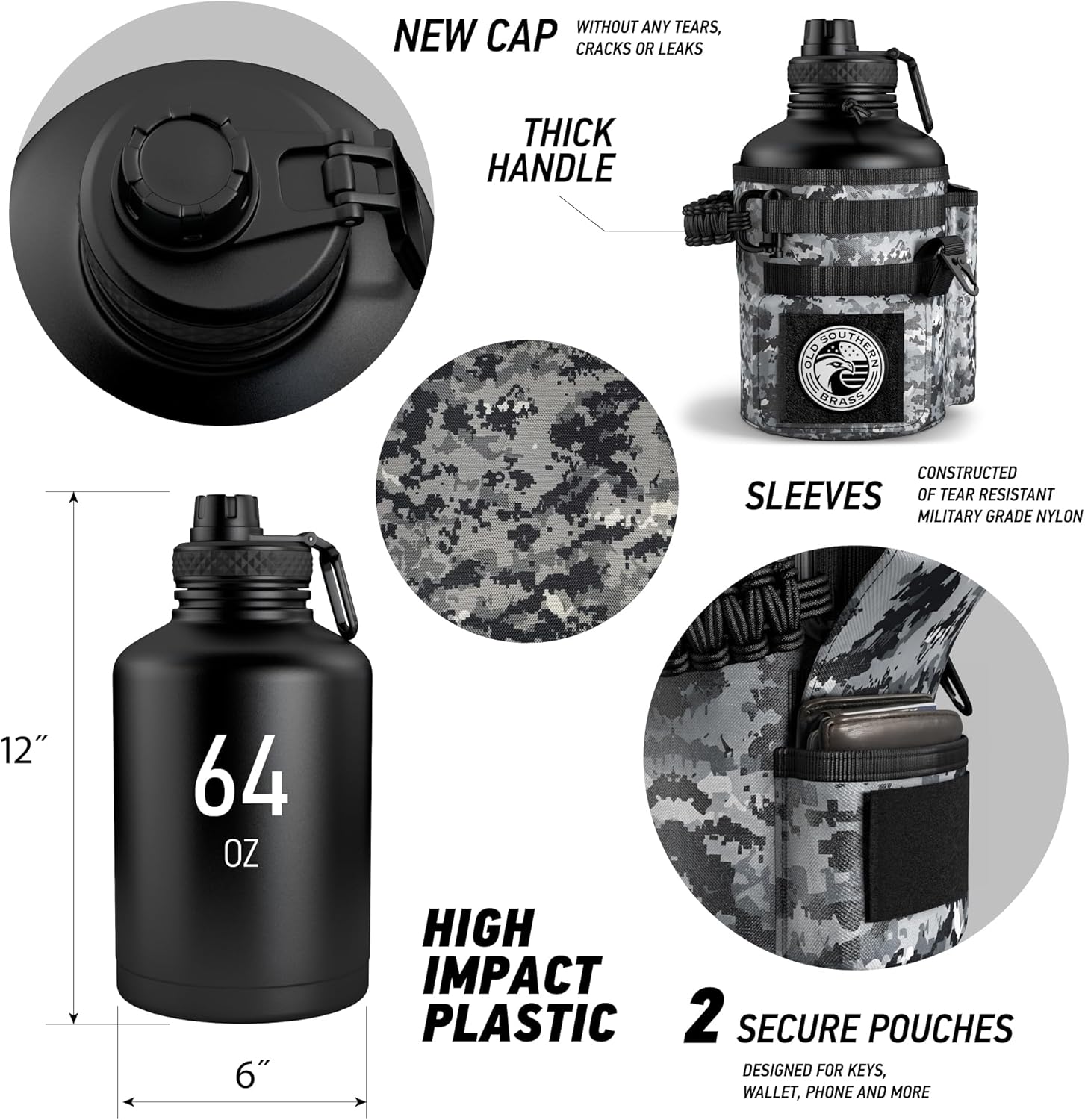 Combat Canteen - 64oz Insulated Water Bottle with Paracord Handle, Stainless Steel Water Jug with Rugged Pockets for Keys, Wallet & Phone - Black Digital - Image 2