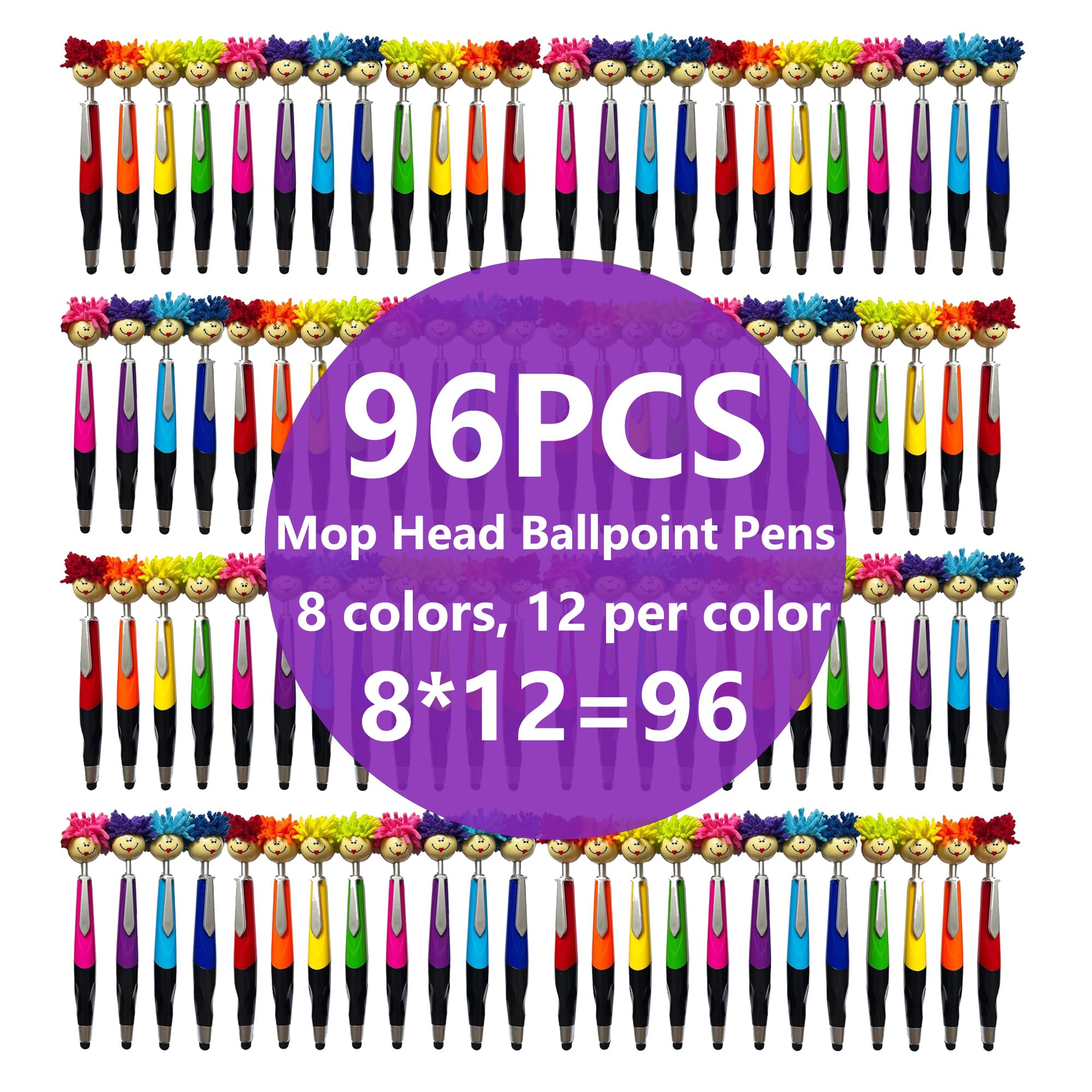 PRTEI 96pcs Mop Head Ballpoint Pens, Funny Mophea Topper Pen with Plush Hair, Multi-function Signing Pen, Decor Gift (96)