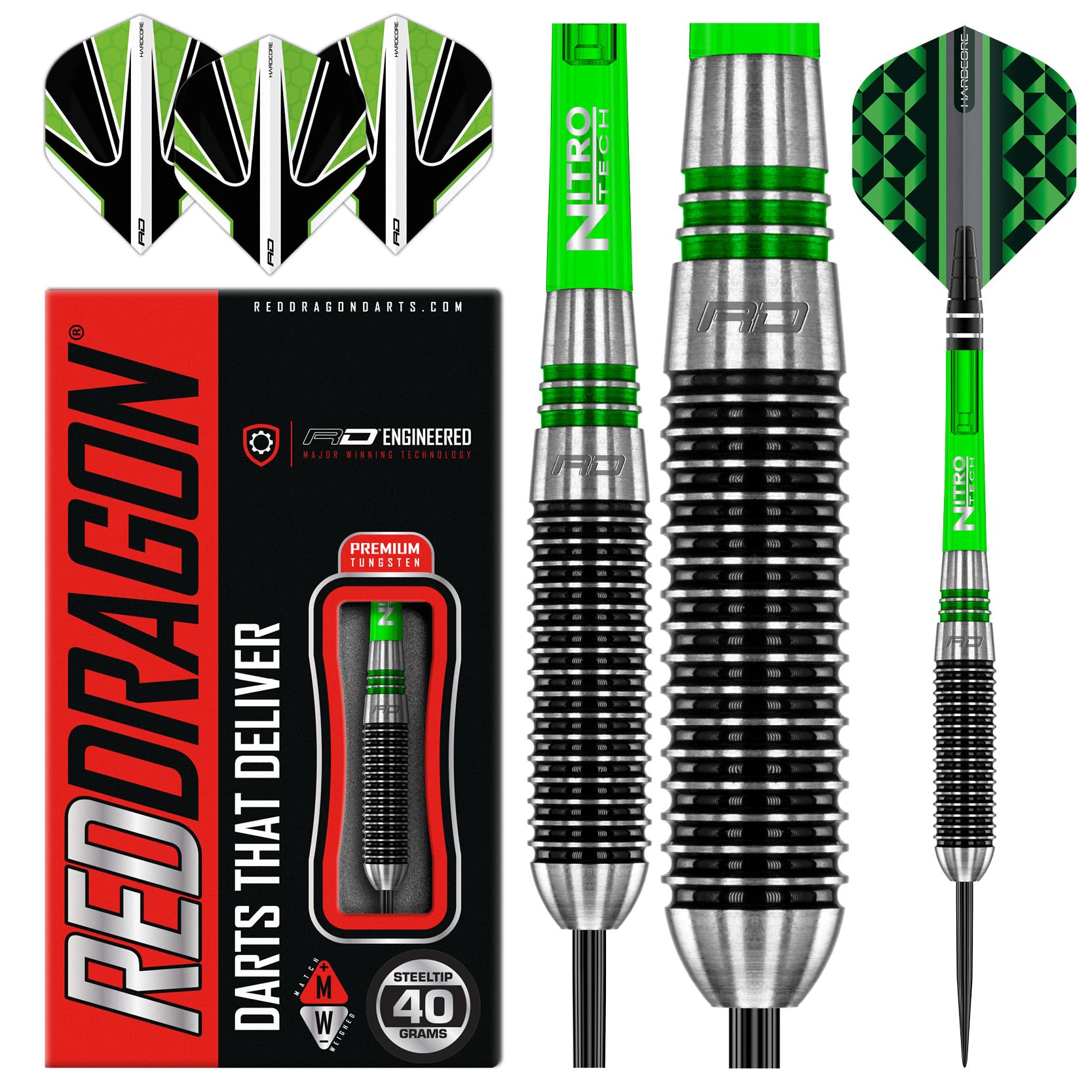 RED DRAGON Titan 2 Freccette Professionali in tungsteno con Alette e aste in nitrotech (steli)