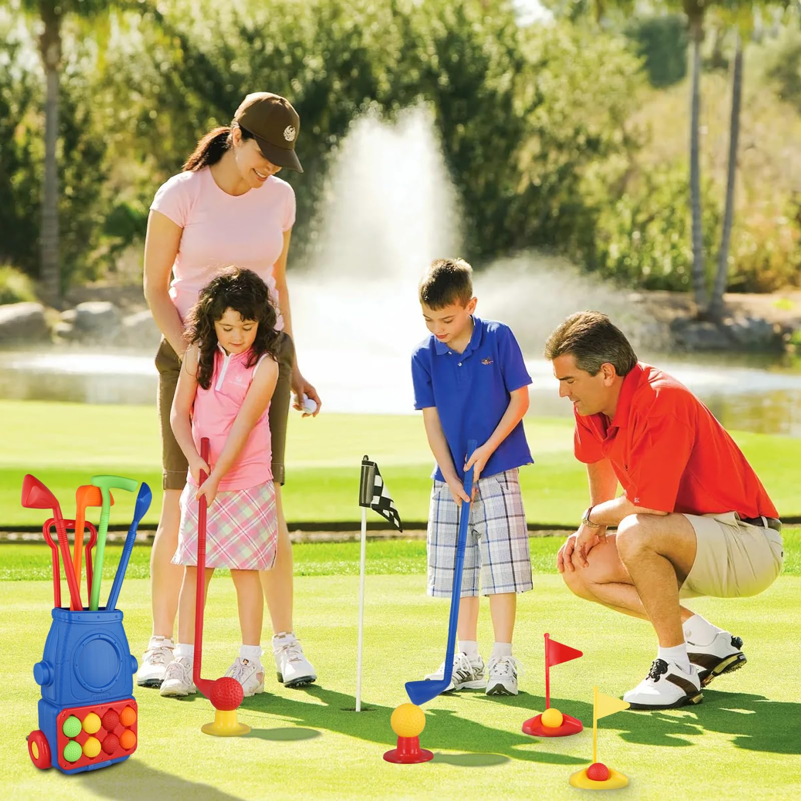Ensemble de Jouets de Golf, Coffret de Golf, 4 bâtons de Golf, Chariot, 8 Balles, Tapis de Putt, Jouets de Sport d'extérieur et d'intérieur, Jeu de Jardin, Jouets Cadeaux pour Enfants