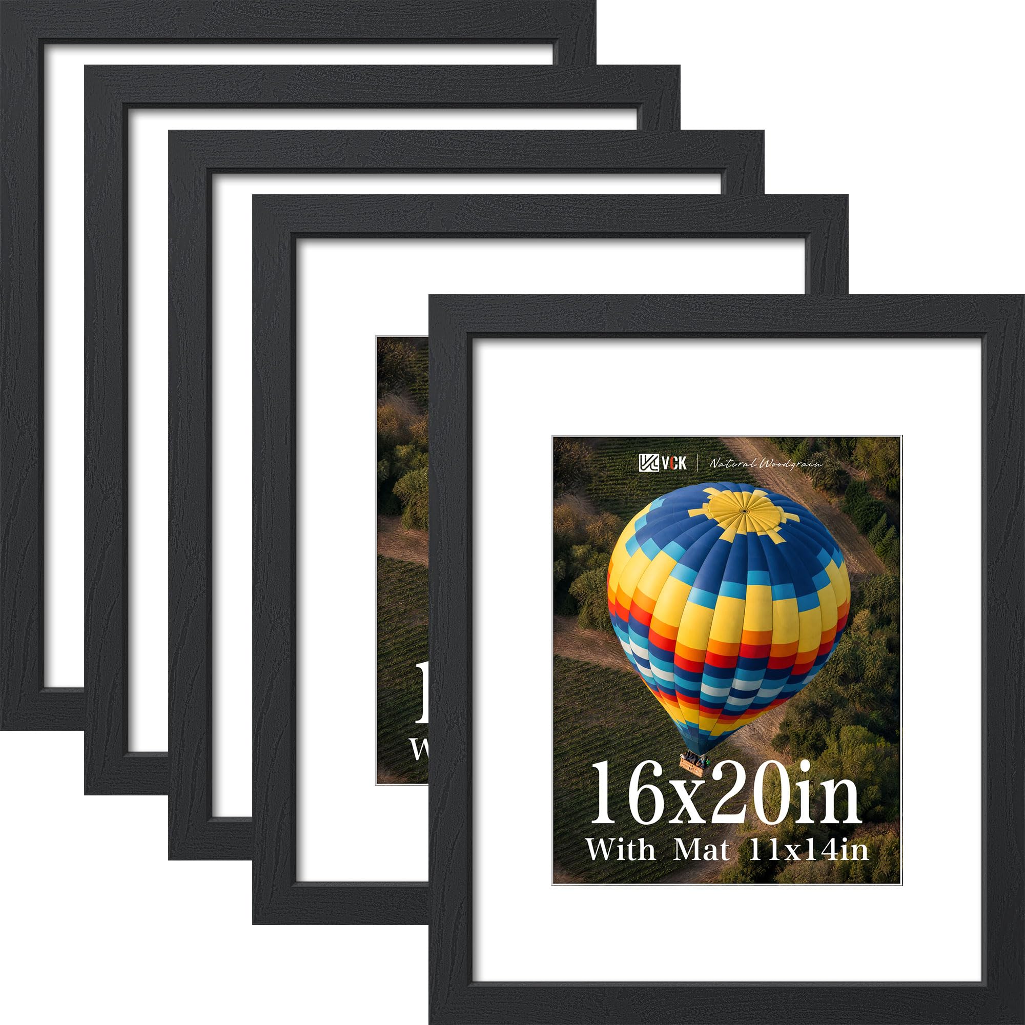 VCK 16x20 Picture Frame 5 Pack, Black Exclusive Wood, Real Glass, for Photo