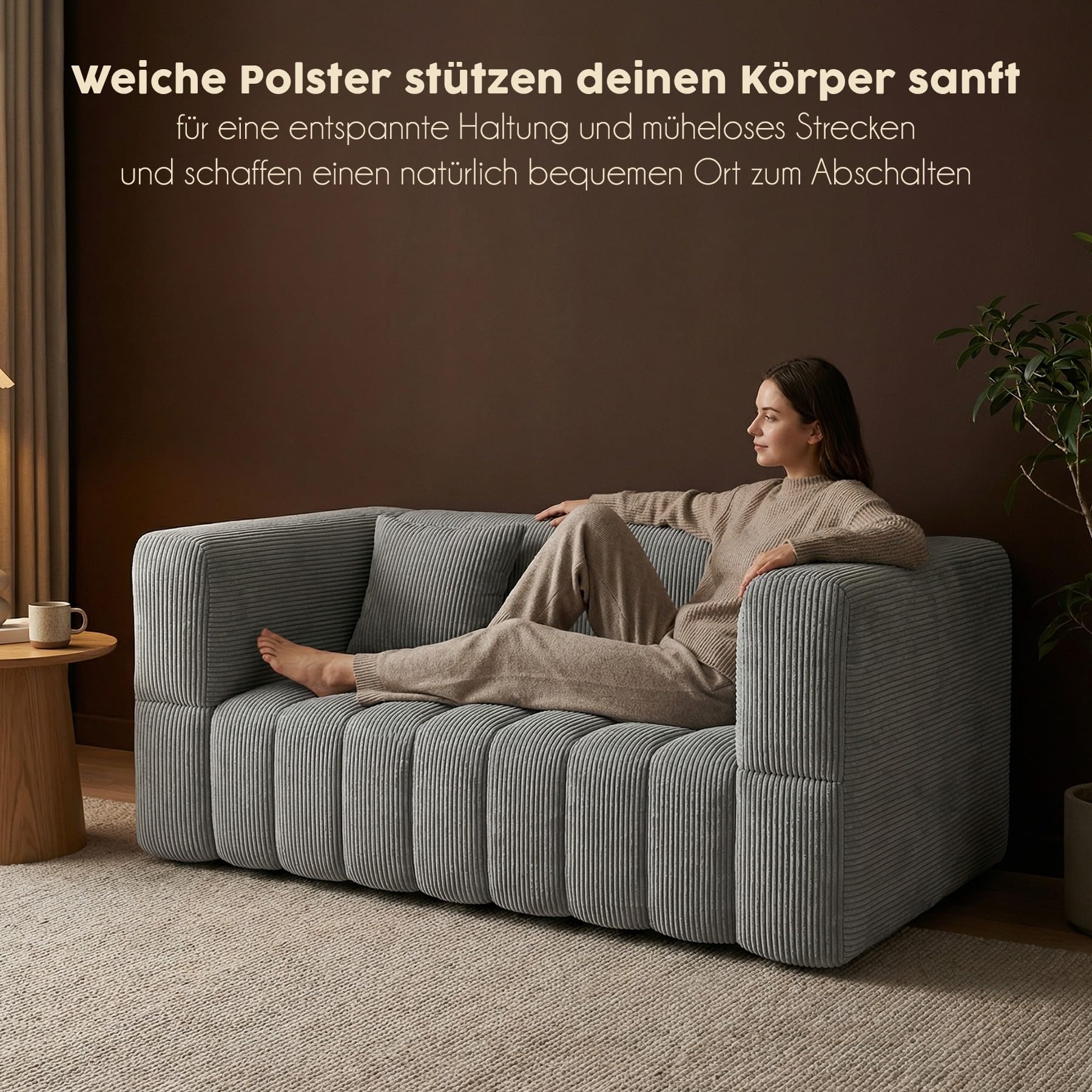 RUMMY 2-Sitzer Sofa aus Cord, kompaktes Bodensofa mit weicher Schaumstoffpolsterung, rahmenlose Couch für Wohnzimmer, Schlafzimmer und Wohnung, Grau