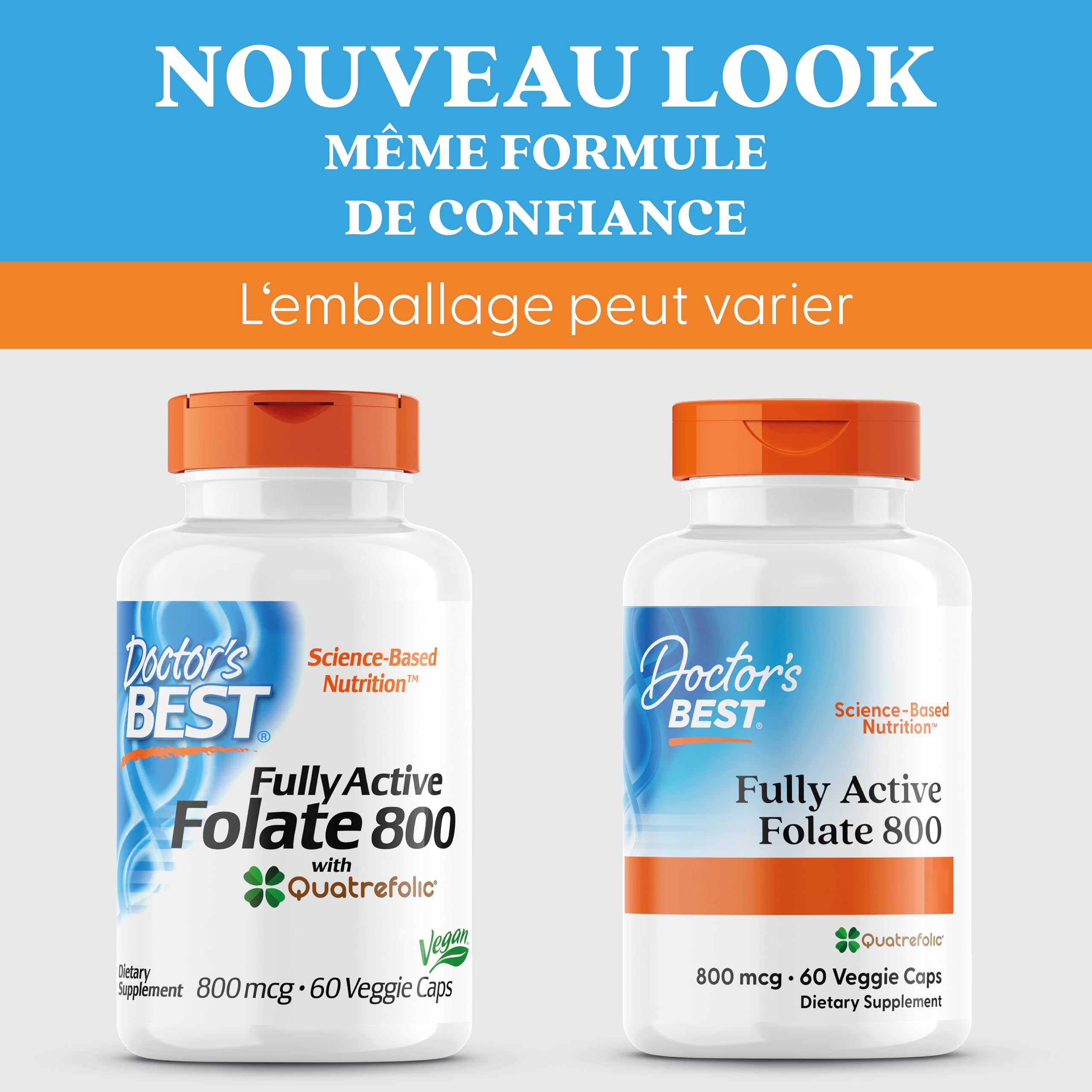Doctor's Best Fully Active Folate avec Quatrefolic (acide folique), 800mcg, 60 gélules Végétaliennes, Testé en Laboratoire, Sans Gluten, Sans Soja, Végétarien