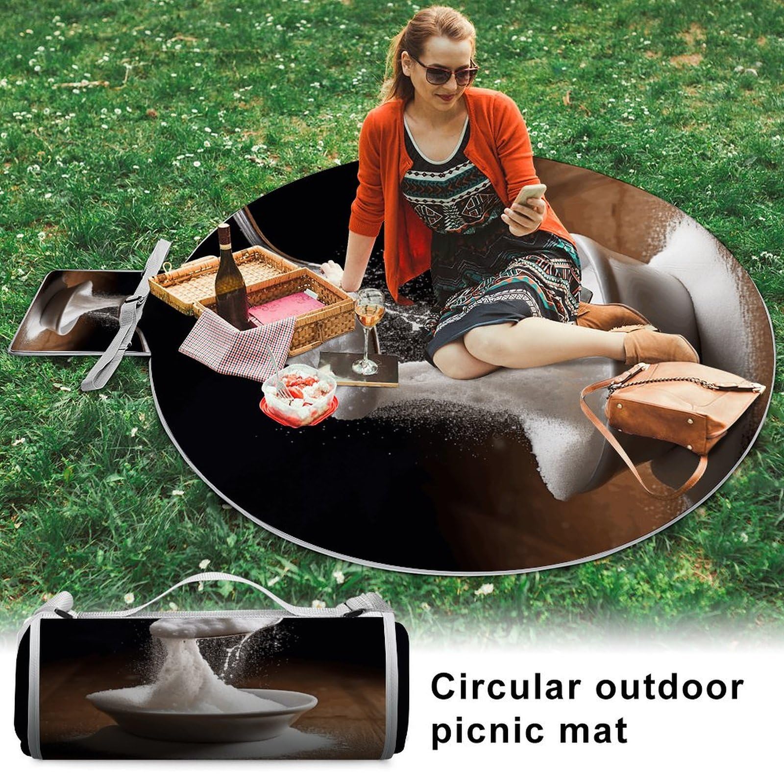 Cukier i łyżka, koc piknikowy, okrągły, składany, lekki, wodoodporny koc plażowy, koc zewnętrzny, na wiosnę, lato, kemping, do parku, trawy podróżnej