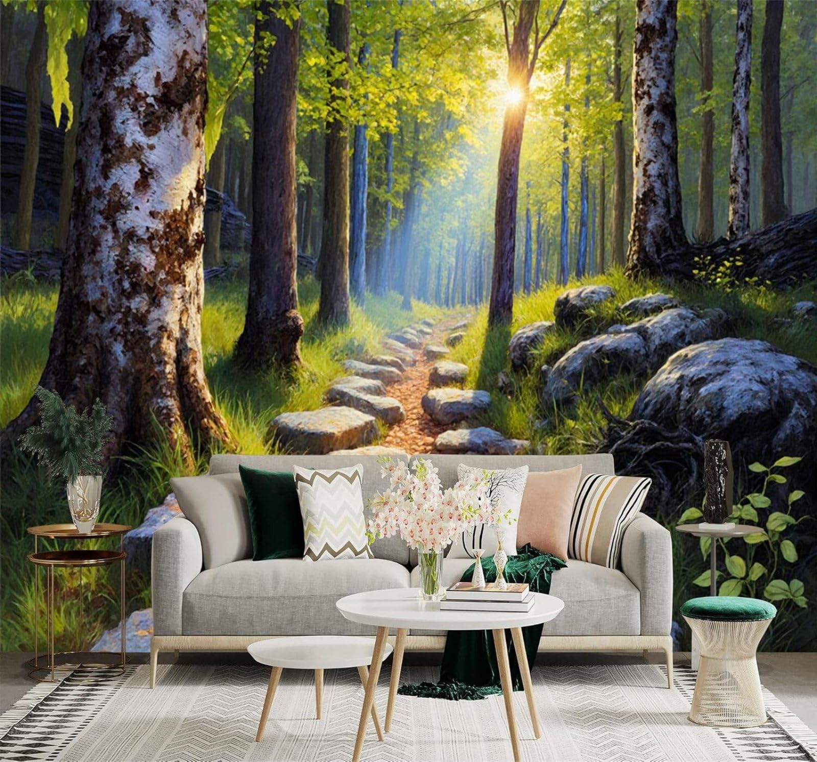 Xlming 400Cm×280Cm(B×H) Sunlight Forest Path Green Trees Stones Morning Light 3D Wallpaper Premium Textured Silk Study Dining Living Room Bedroom Sofa Tv Wall Easy Install-400Cm×280Cm