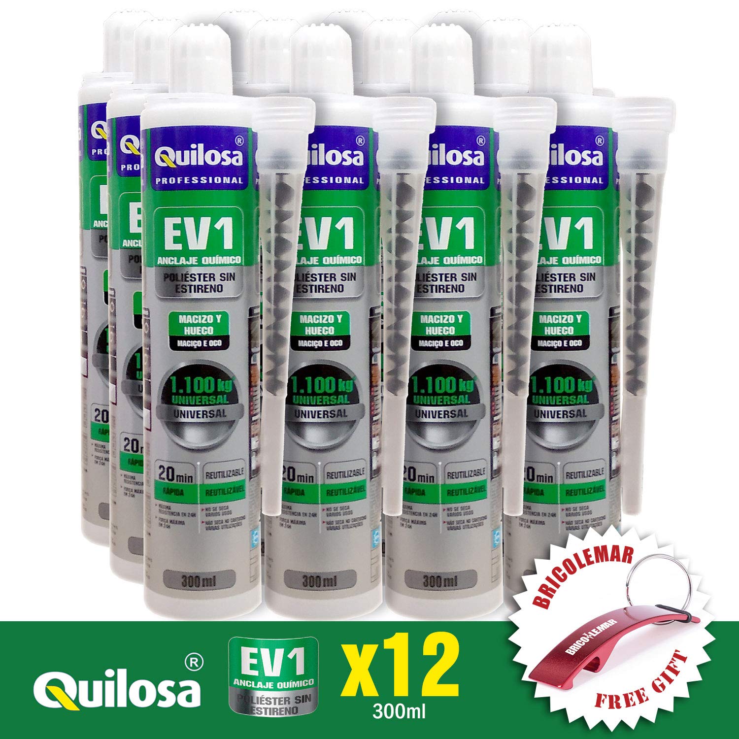 Anclaje Taco Químico Quilosa EV1 Poliéster Sin Estireno (Caja Edición Bricolemar 12x300ml + Llavero Rojo de Regalo!)