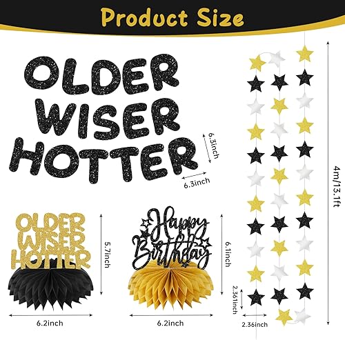 Miniatura 2 de Older Wiser Hotter - Kit de decoración de pancartas preencordadas para hombres y mujeres, guirnalda de estrellas con purpurina dorada negra y dorada