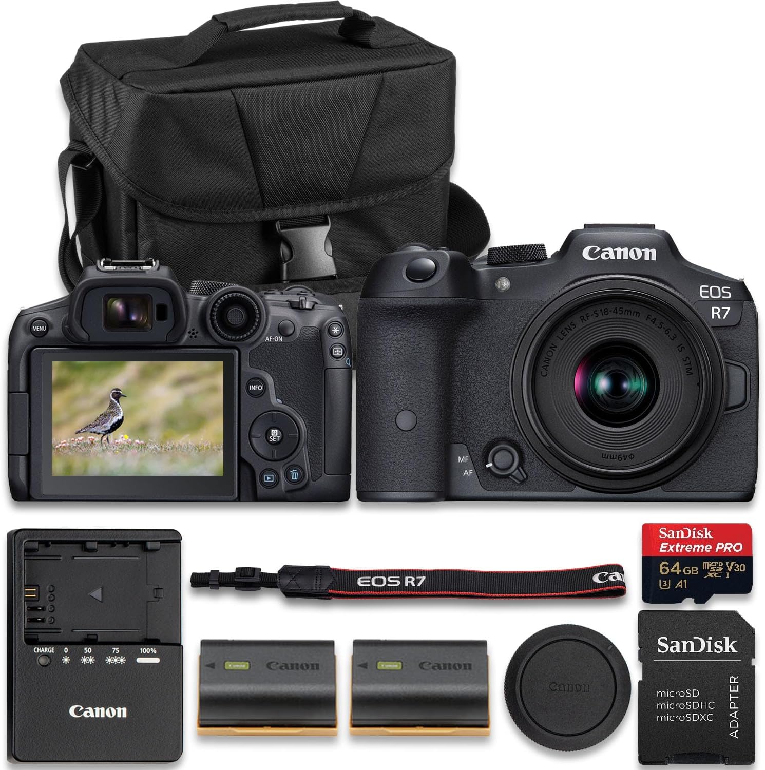 Canon EOS R7 Mirrorless Camera with RF-S 18-45mm f/4.5-6.3 is STM Lens + Extra LP-E6NH Lithium-Ion Battery + SanDisk Extreme Pro 64GB + Camera Case + More(14pc Bundle)
