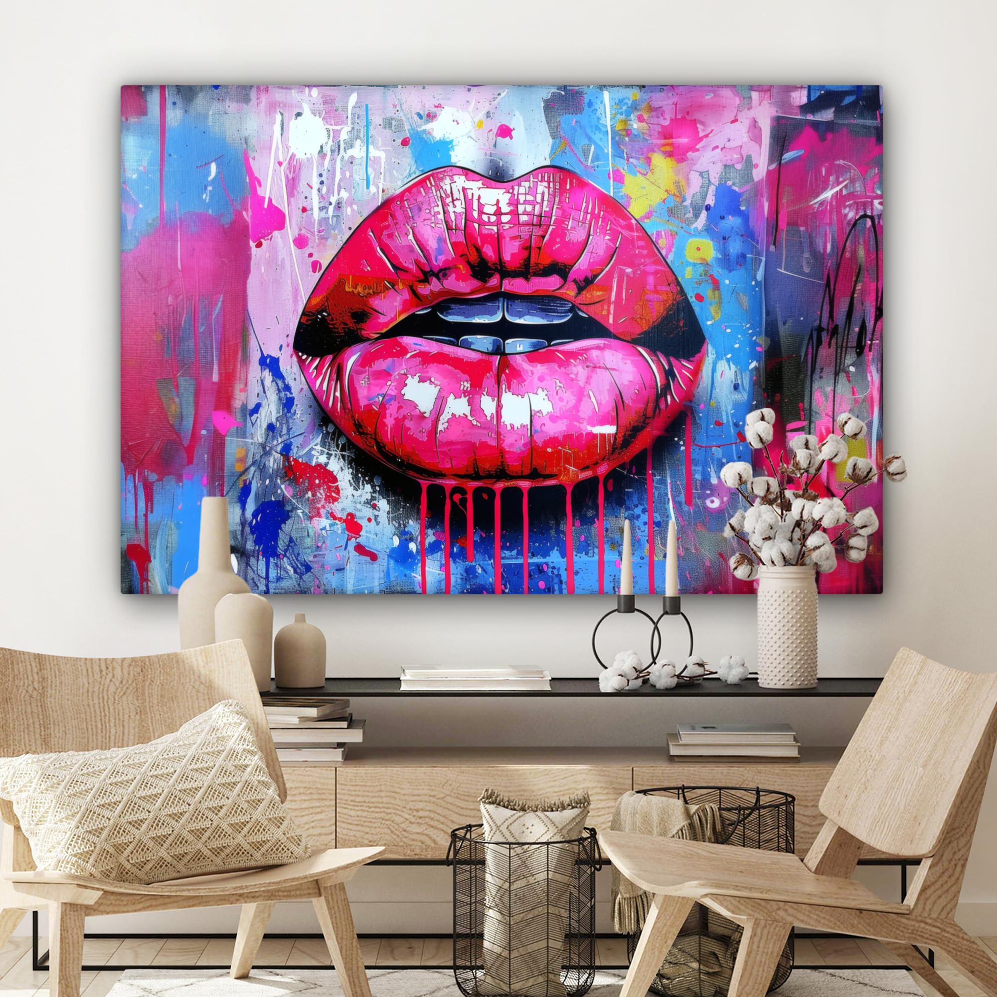 MuchoWow© Impression sur Toile Decoration Murale Peinture 120x80 cm Tableaux Art Décoratif Muraux Décoration Chambre Graffiti - Lèvres - Rose Vif - Peint