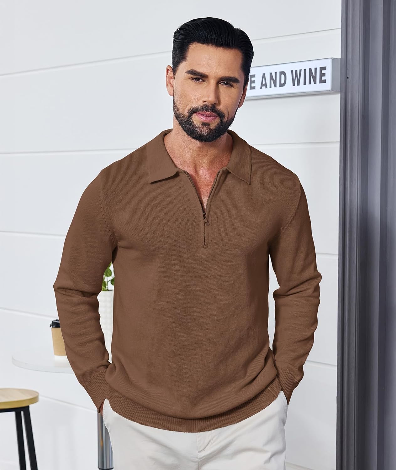 Men's Casual Knit Polo Sweater Classic Long Sleeve Thermal Basic Zip Collar Shirts - Image 2