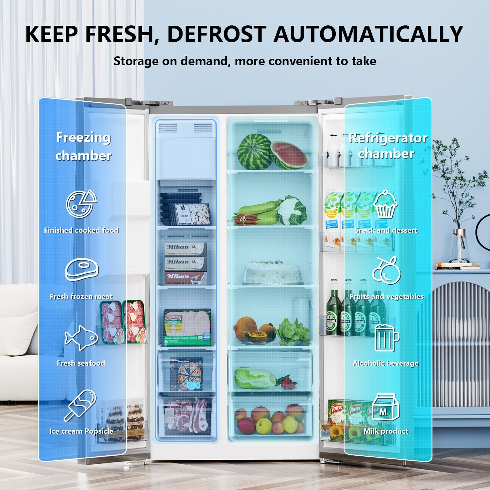 Antarctic Star 20 Cu.Ft French Door Refrigerator, Stainless Steel Fridge With Side Freezer & Water Dispenser, Nugget And Cube Ice Maker, Adjustable Thermostat on Fridge.com - View 2