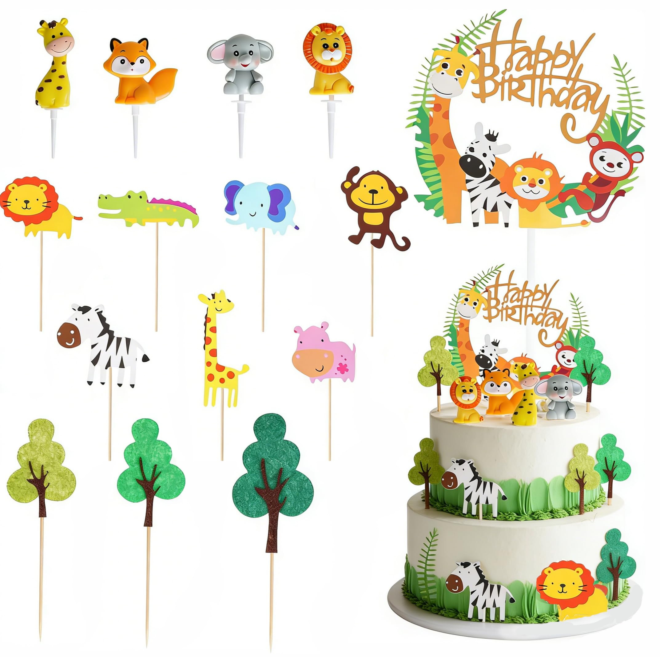 15PCS Jungle Animal Cake Toppers Safari Birthday Party Decorations for Kids Boys Girls Celebrating Birth Day Baby Shower Theme Party Supplies