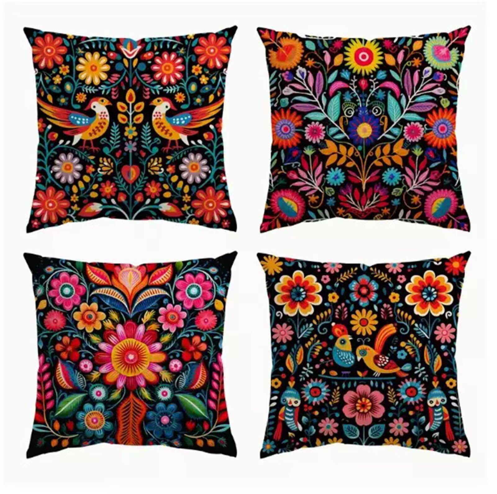 Housse coussin ethnique vintage velours taie oreiller 30x30 motif floral oiseaux pour lit
